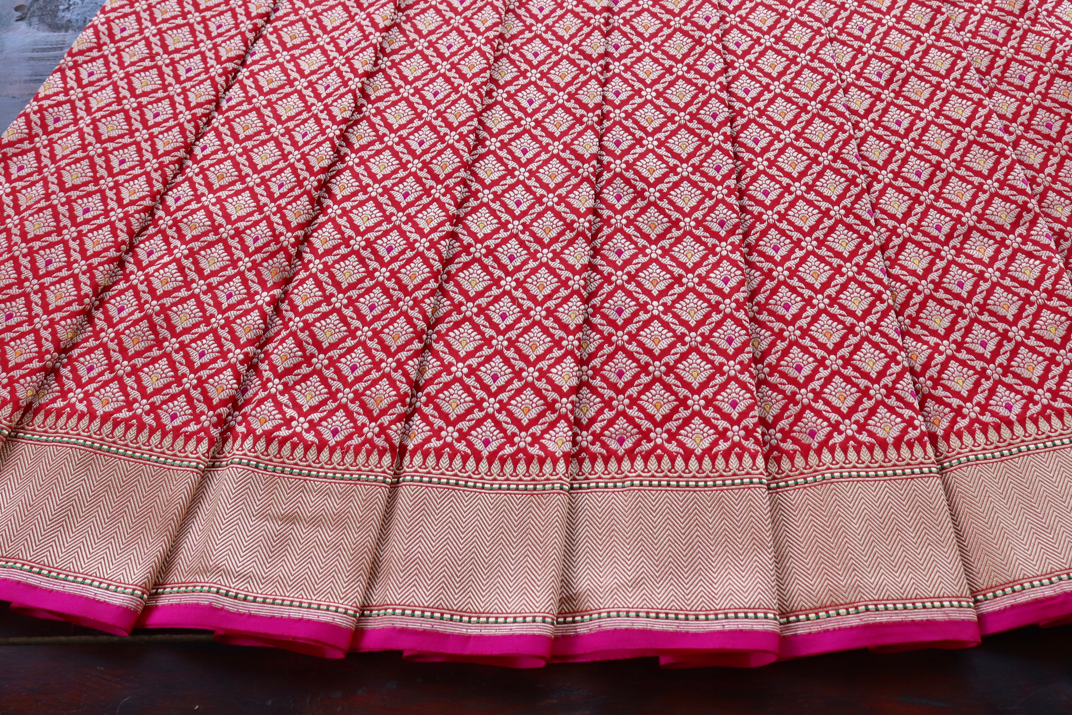 Red Meenadar Handwoven Banarasi Tanchoi Silk Saree