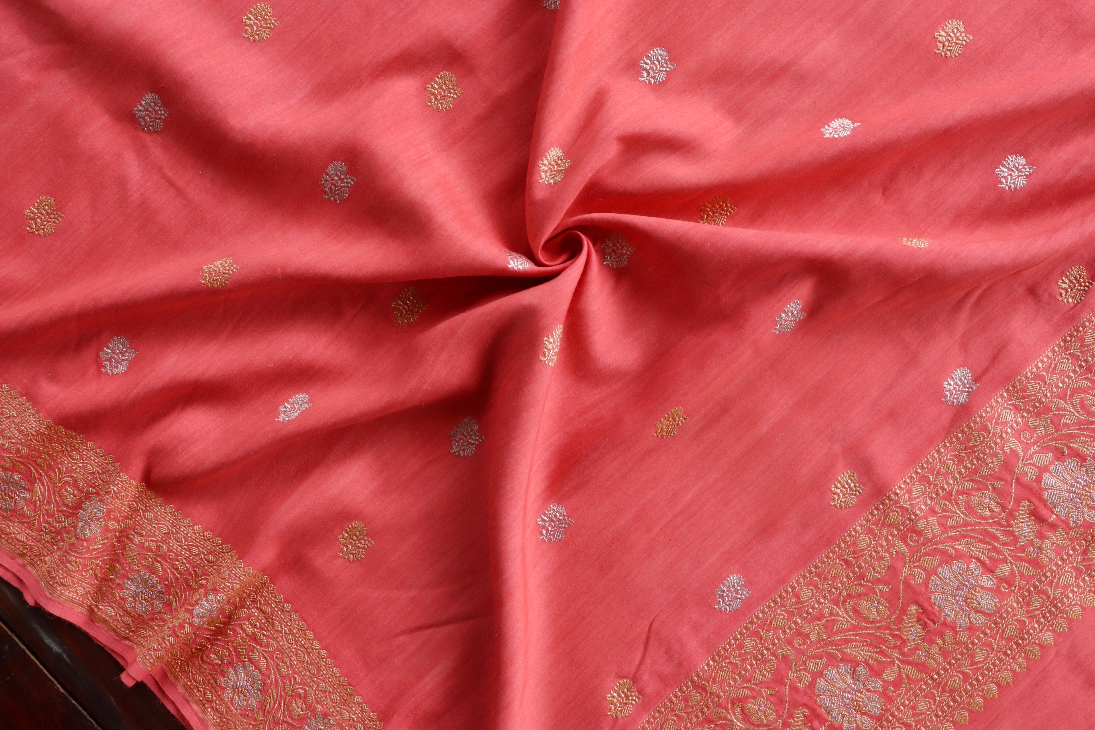 Carrot Pink Pure Munga Silk Handloom Banarasi Dupatta