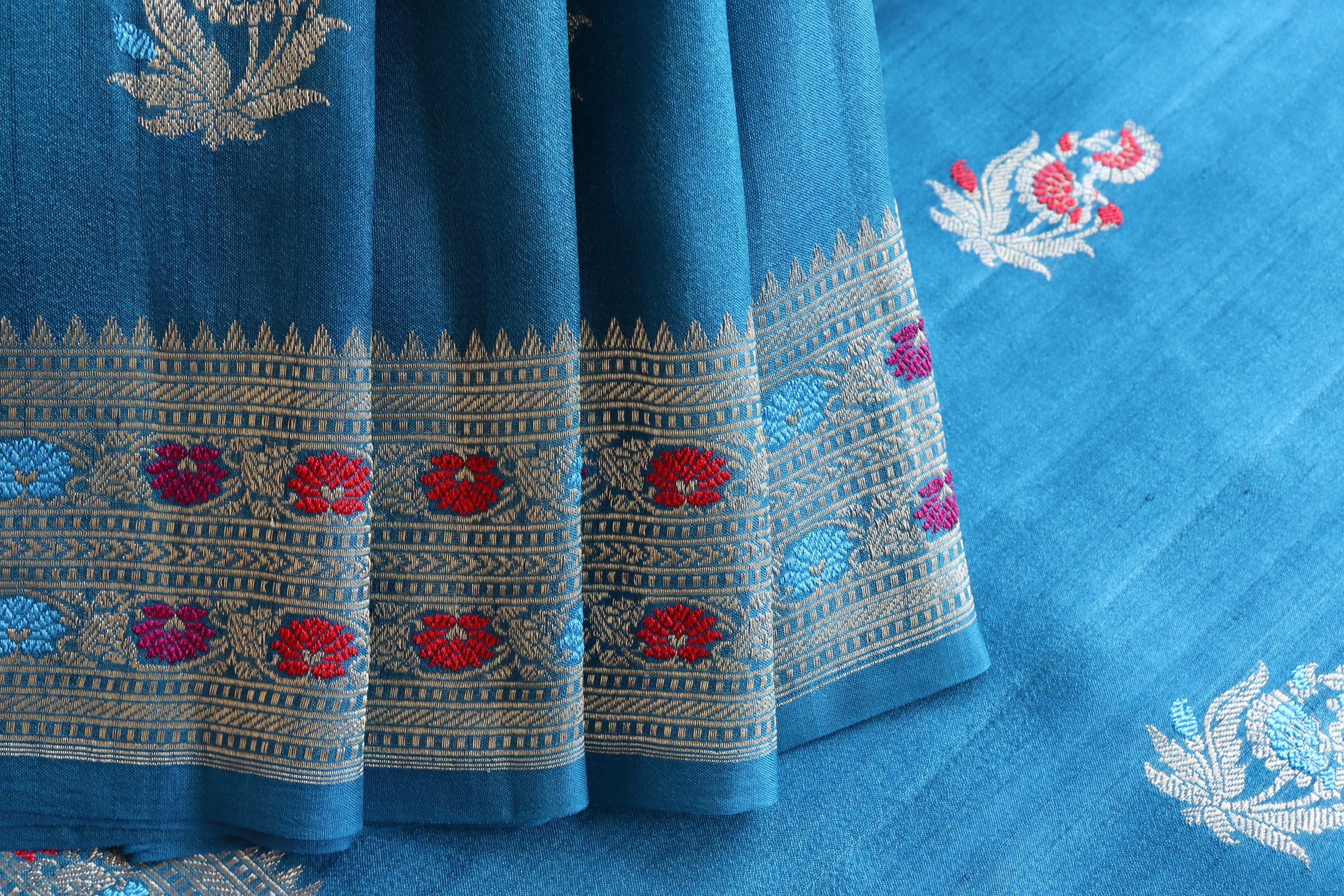 Ink Blue Guldasta Pure Tussar Silk Handloom Banarasi Saree