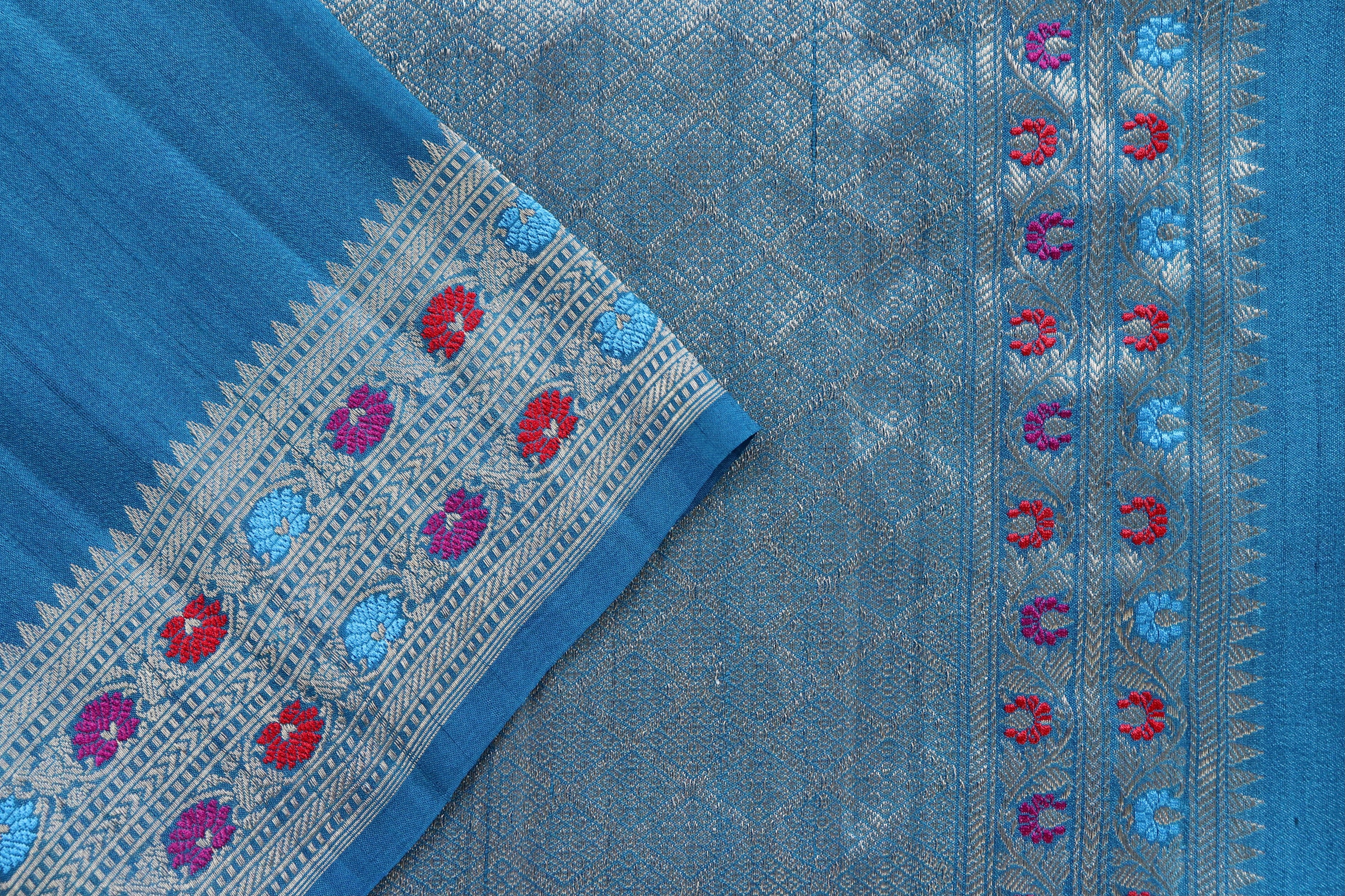 Ink Blue Guldasta Pure Tussar Silk Handloom Banarasi Saree