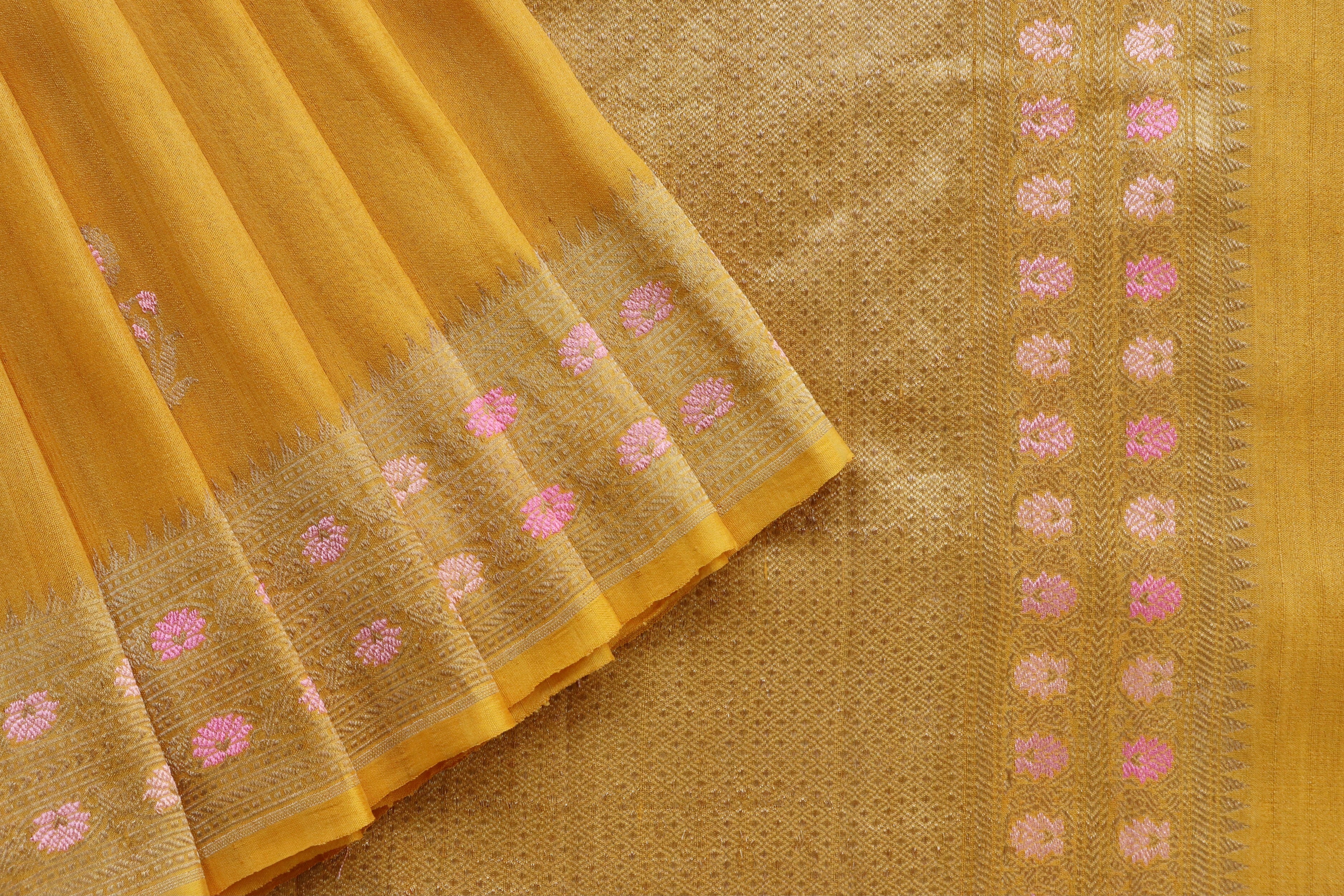 Yellow Guldasta Pure Tussar Silk Handloom Banarasi Saree