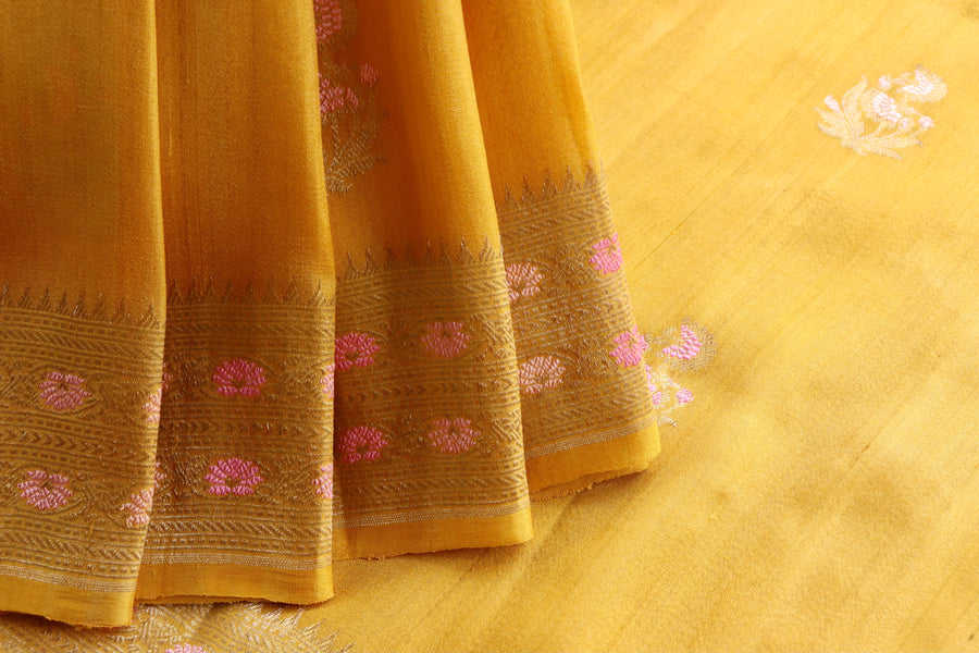 Yellow Guldasta Pure Tussar Silk Handloom Banarasi Saree