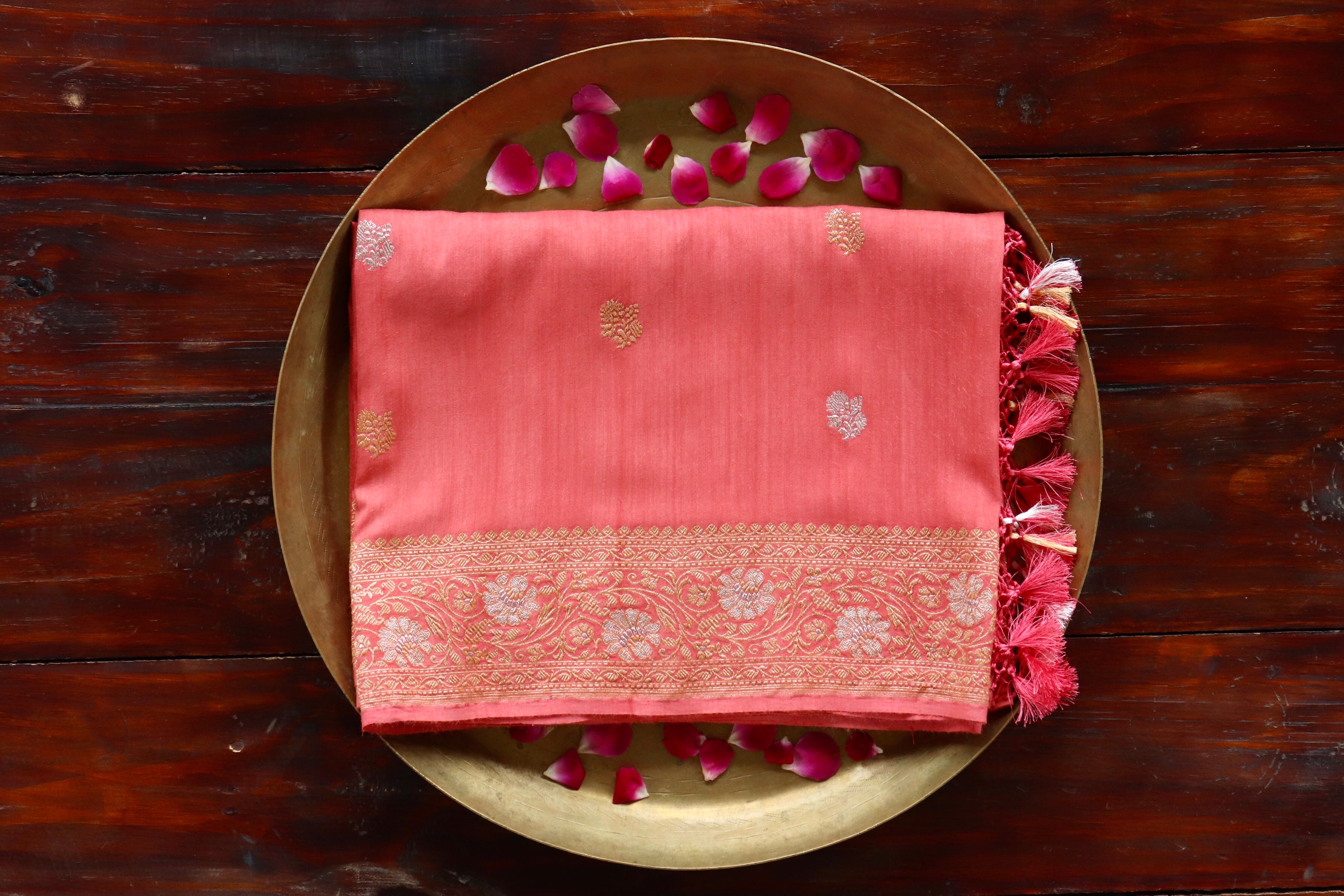 Carrot Pink Pure Munga Silk Handloom Banarasi Dupatta