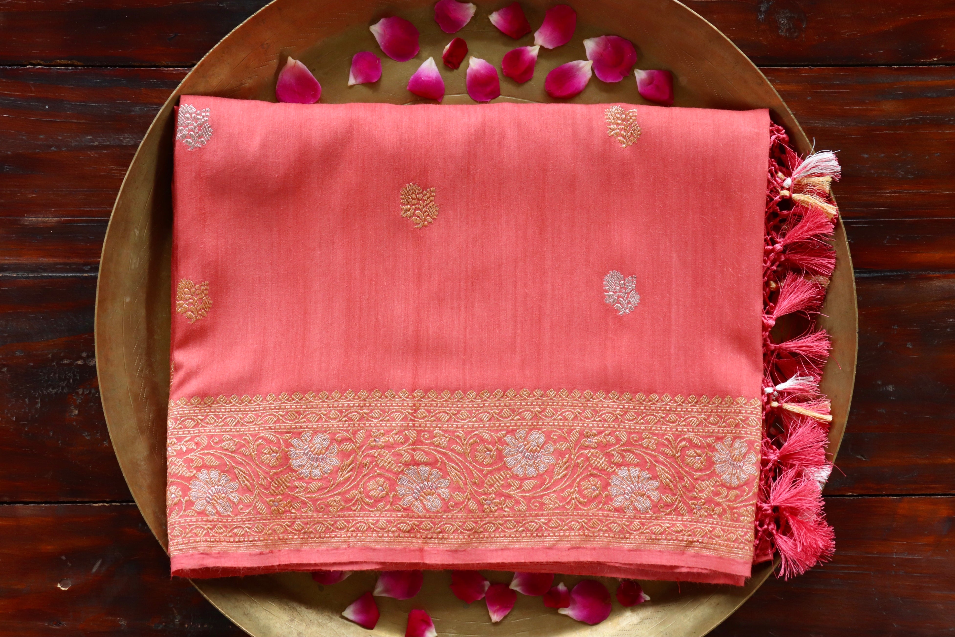 Carrot Pink Pure Munga Silk Handloom Banarasi Dupatta