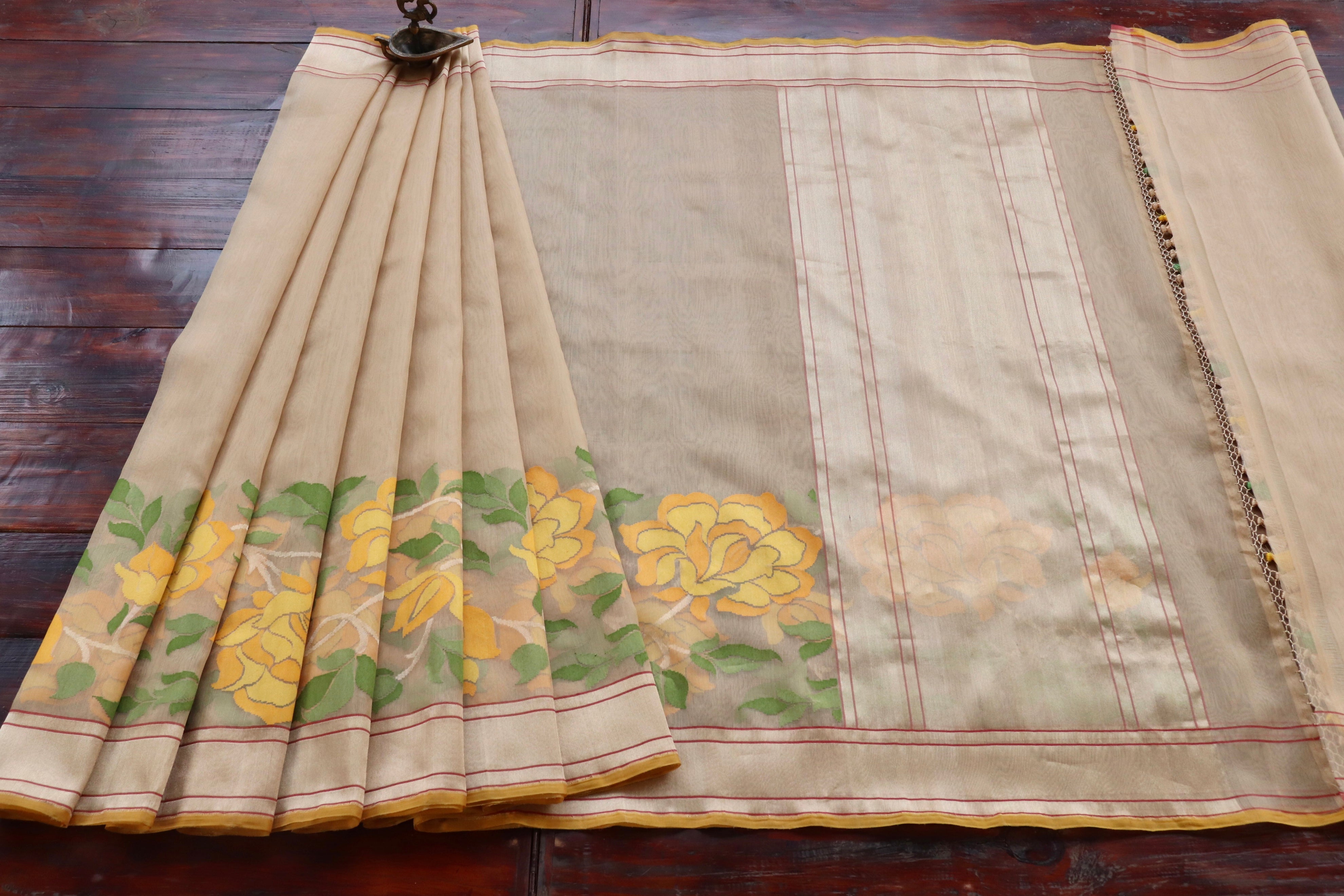 Beige Pure Kora Silk Handloom Banarasi Saree