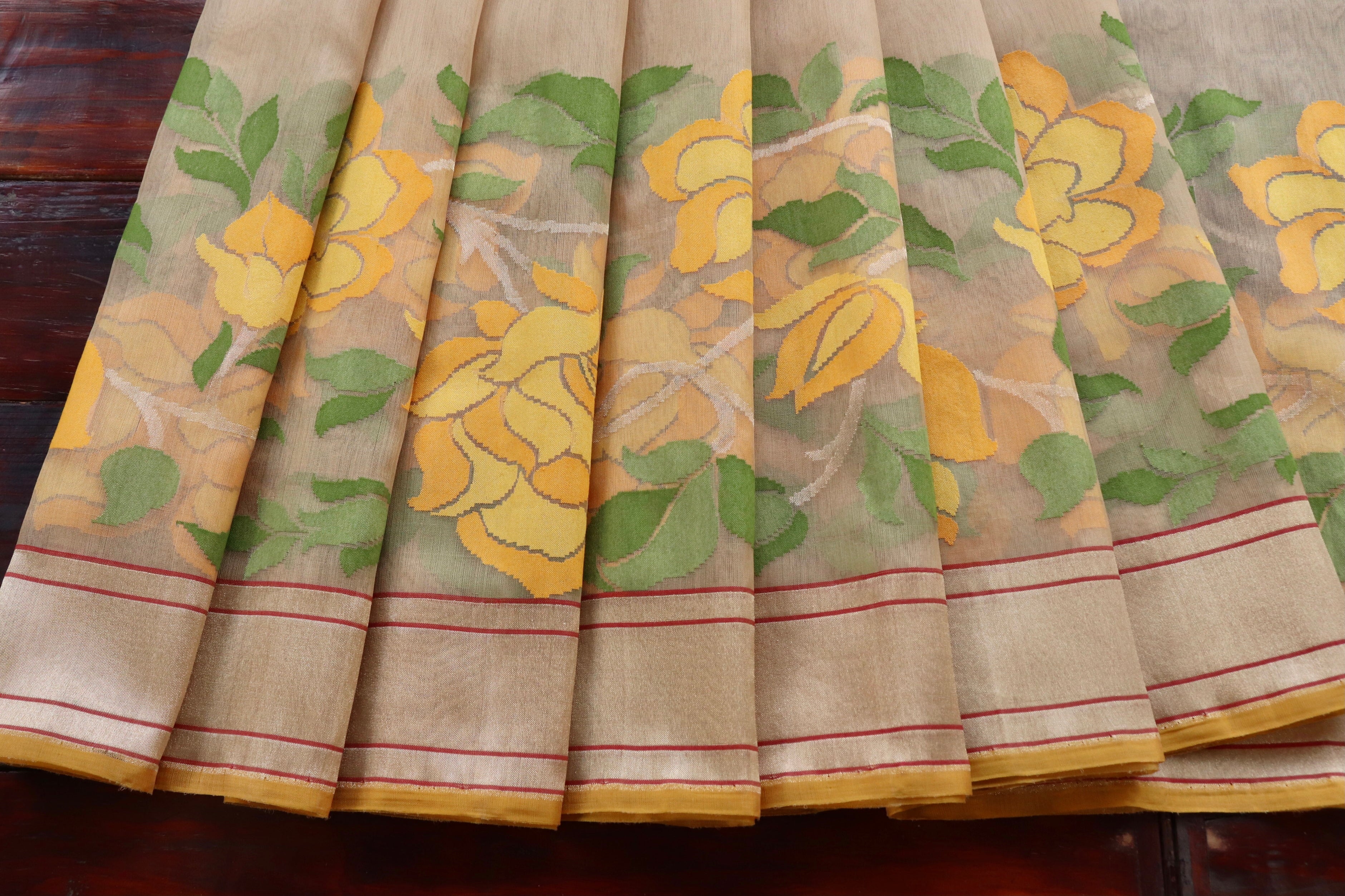 Beige Pure Kora Silk Handloom Banarasi Saree