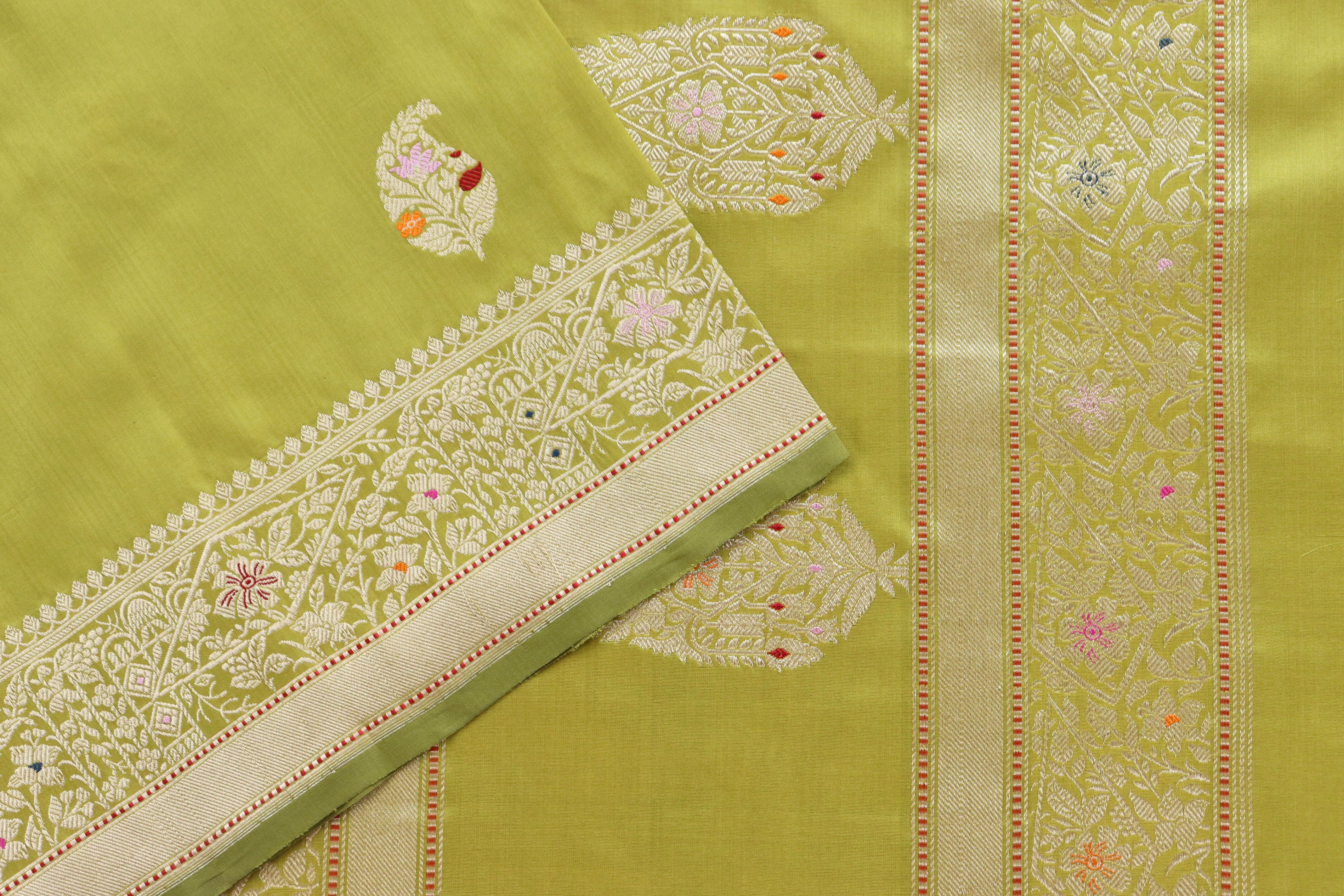 Pear Green Kairy Pure Silk Handloom Banarasi Saree