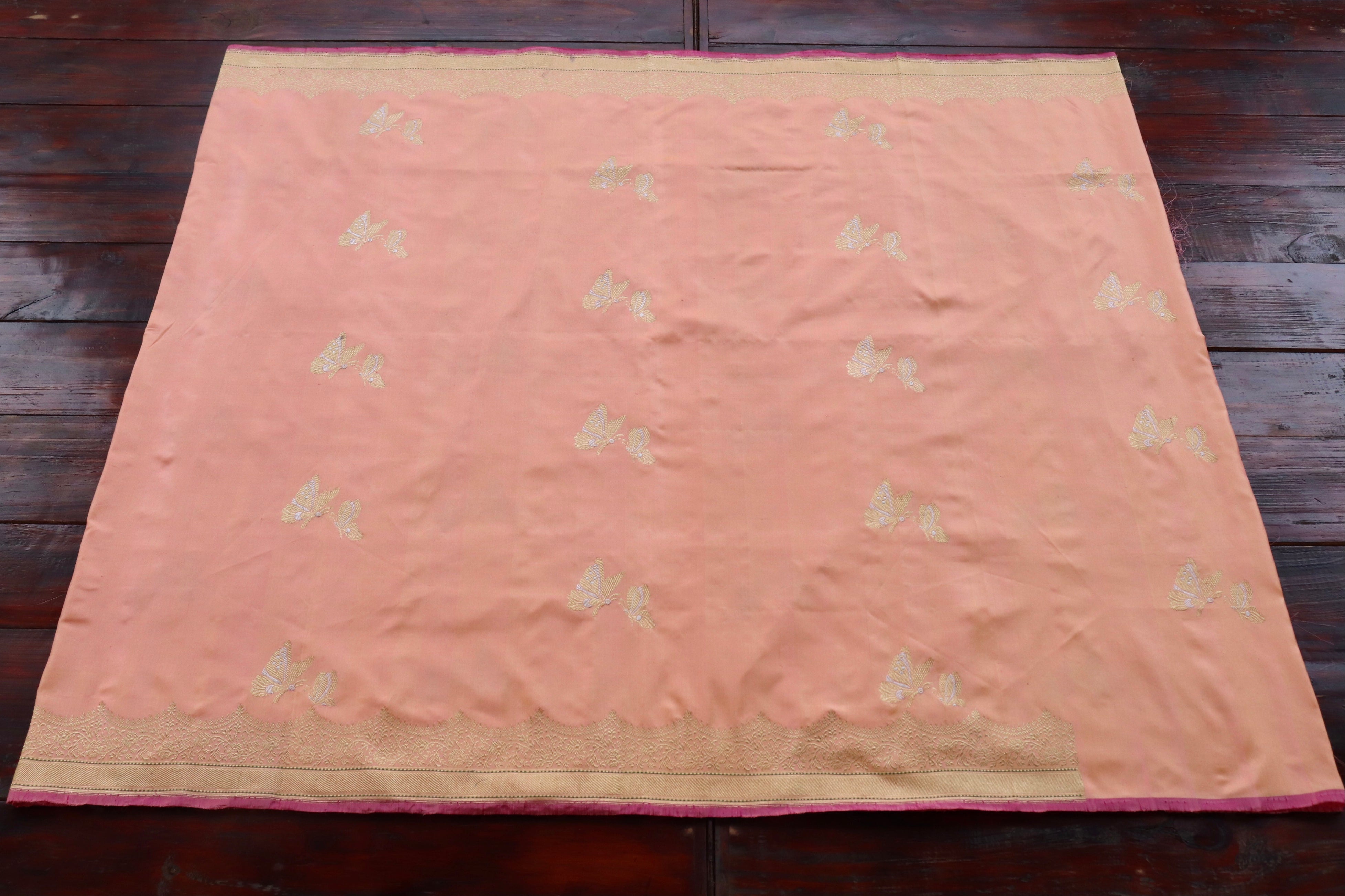 Peach Butterfly Motif Pure Silk Handloom Banarasi Fabric