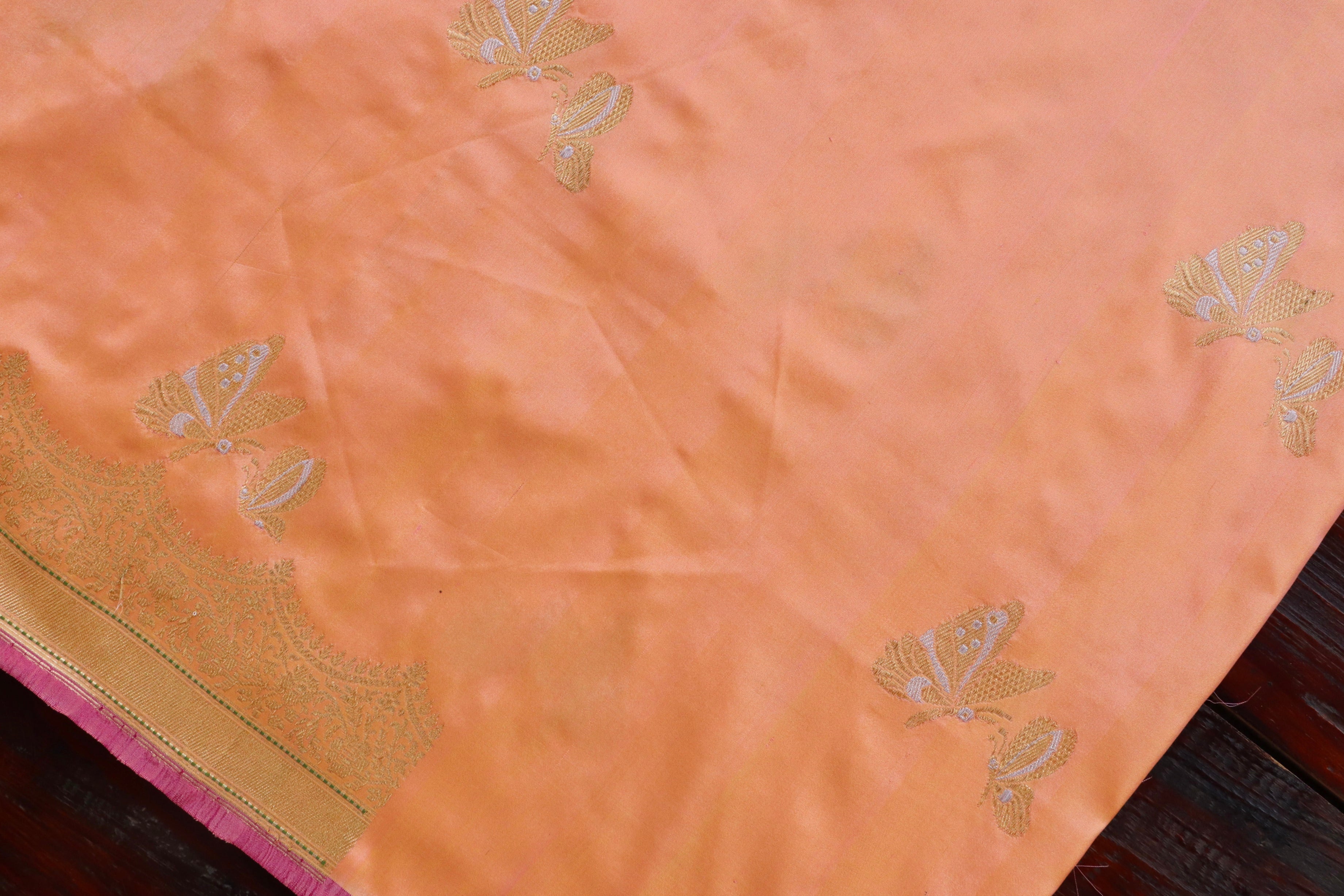 Peach Butterfly Motif Pure Silk Handloom Banarasi Fabric