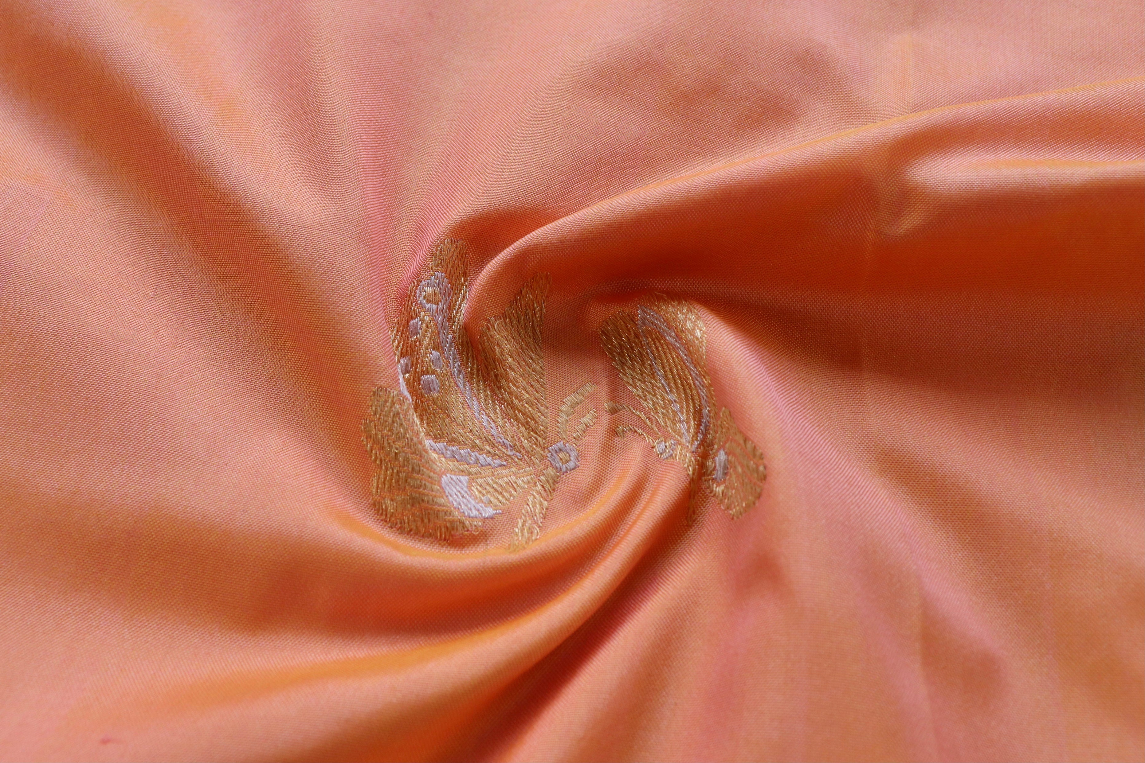 Peach Butterfly Motif Pure Silk Handloom Banarasi Fabric