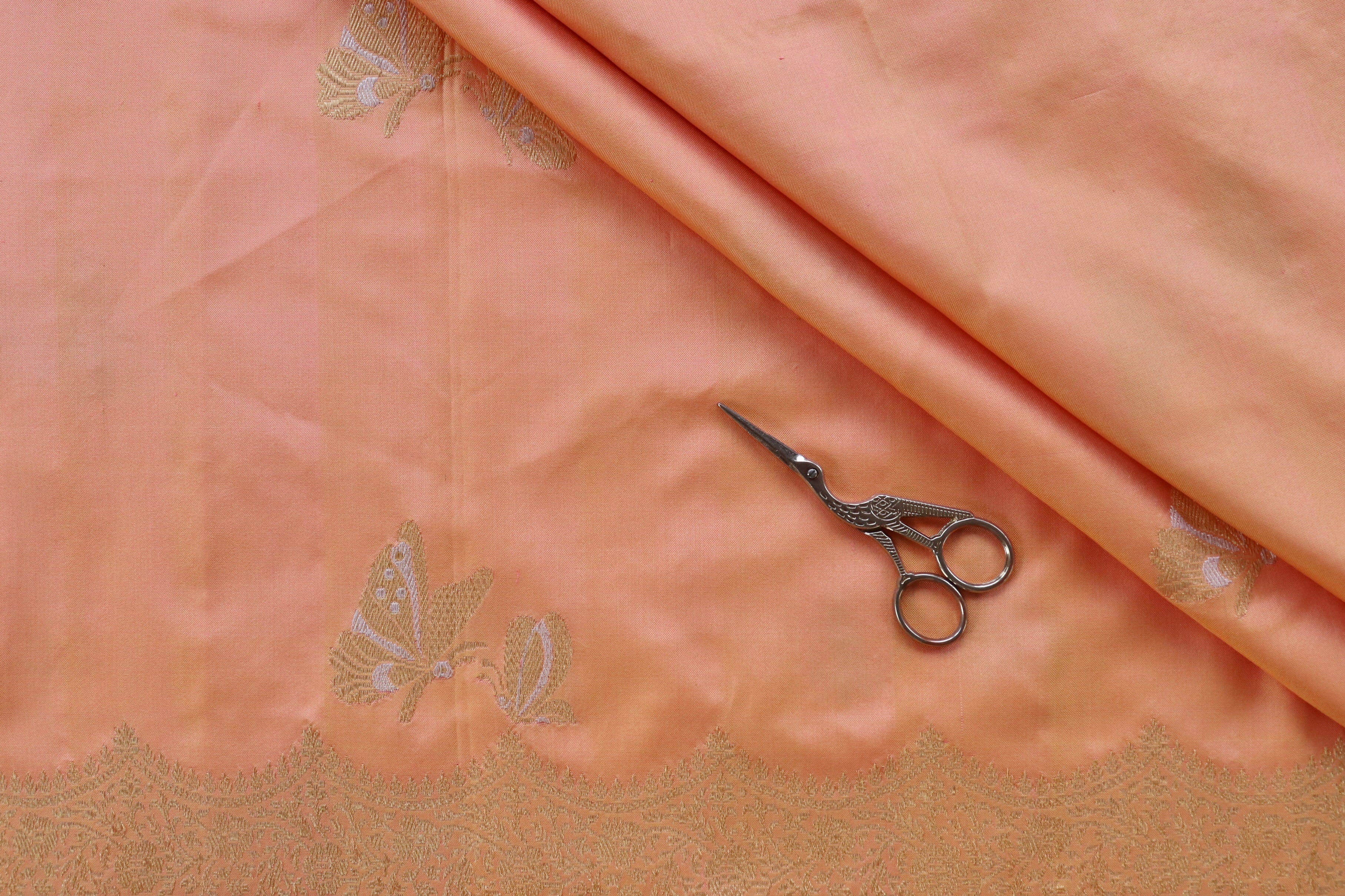 Peach Butterfly Motif Pure Silk Handloom Banarasi Fabric