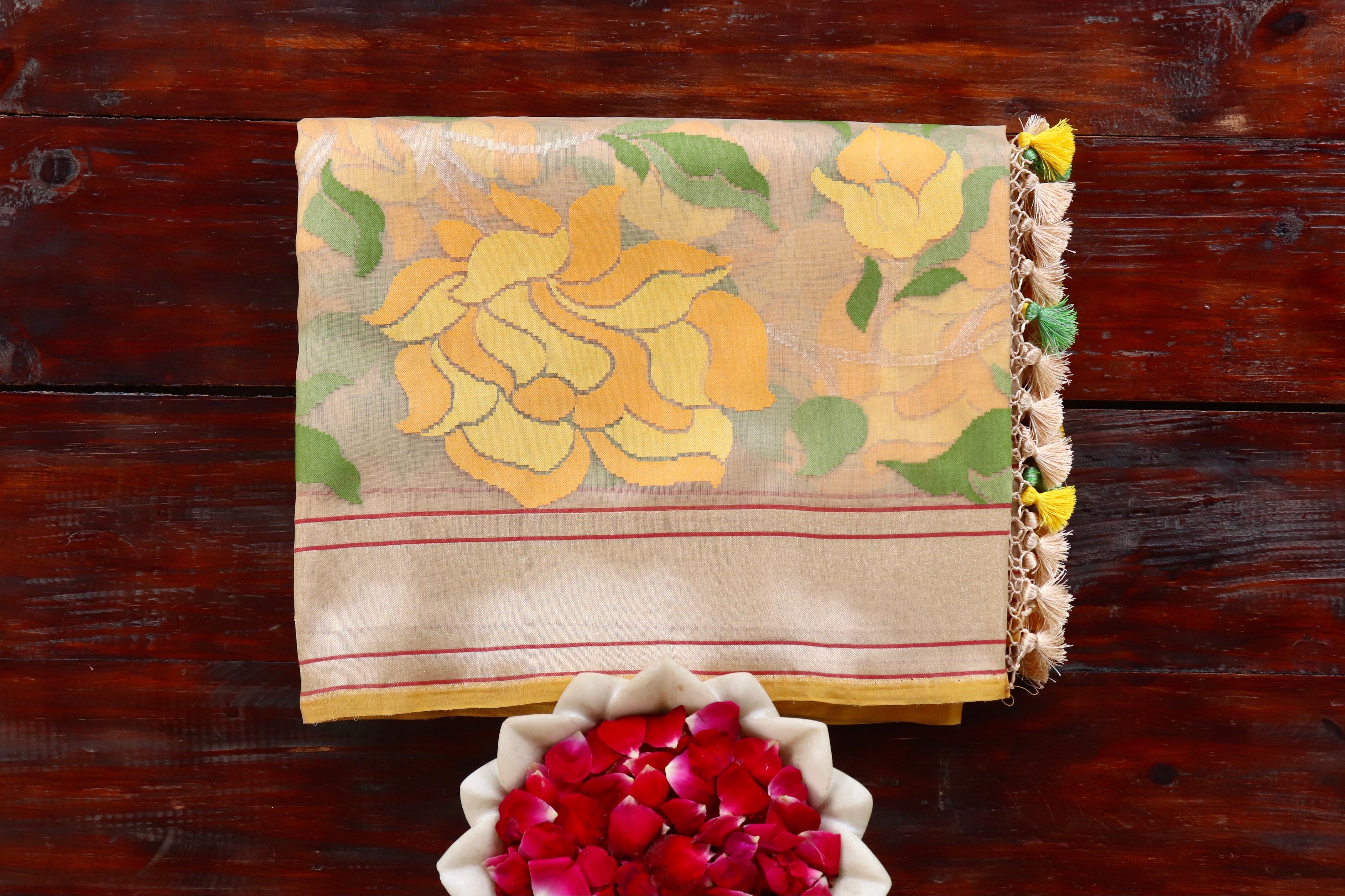 Beige Pure Kora Silk Handloom Banarasi Saree