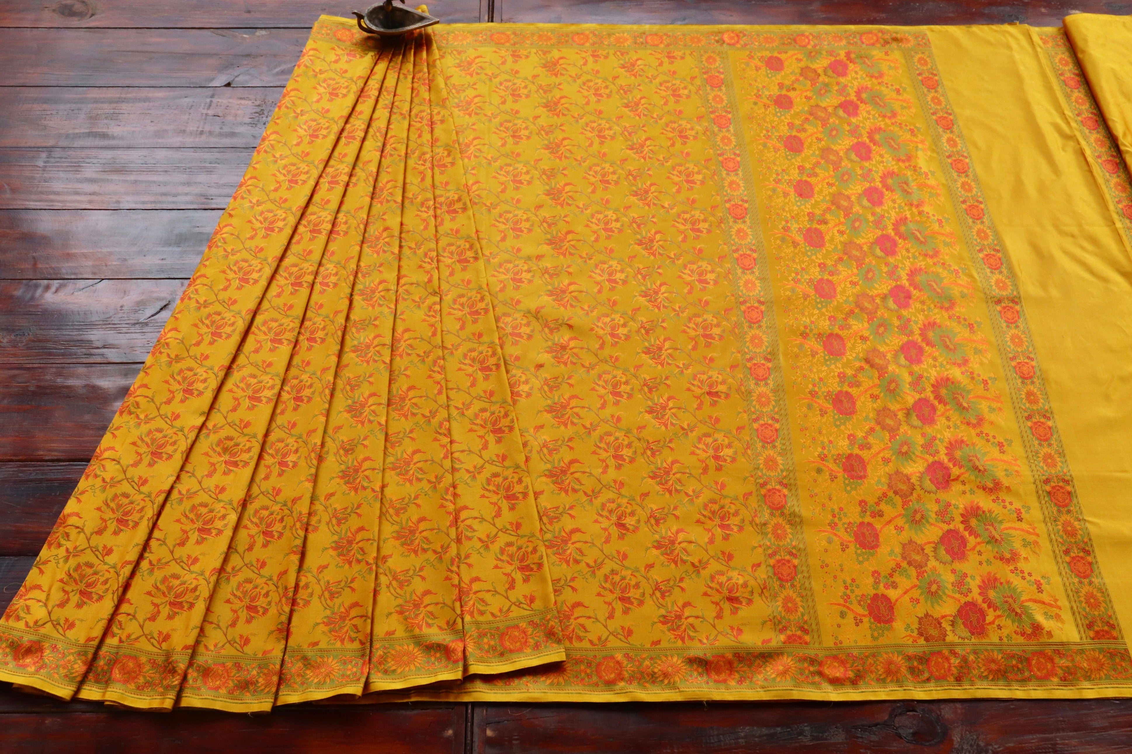 Yellow Multi Colour Brown Jamawar Tanchoi Satin Silk Saree