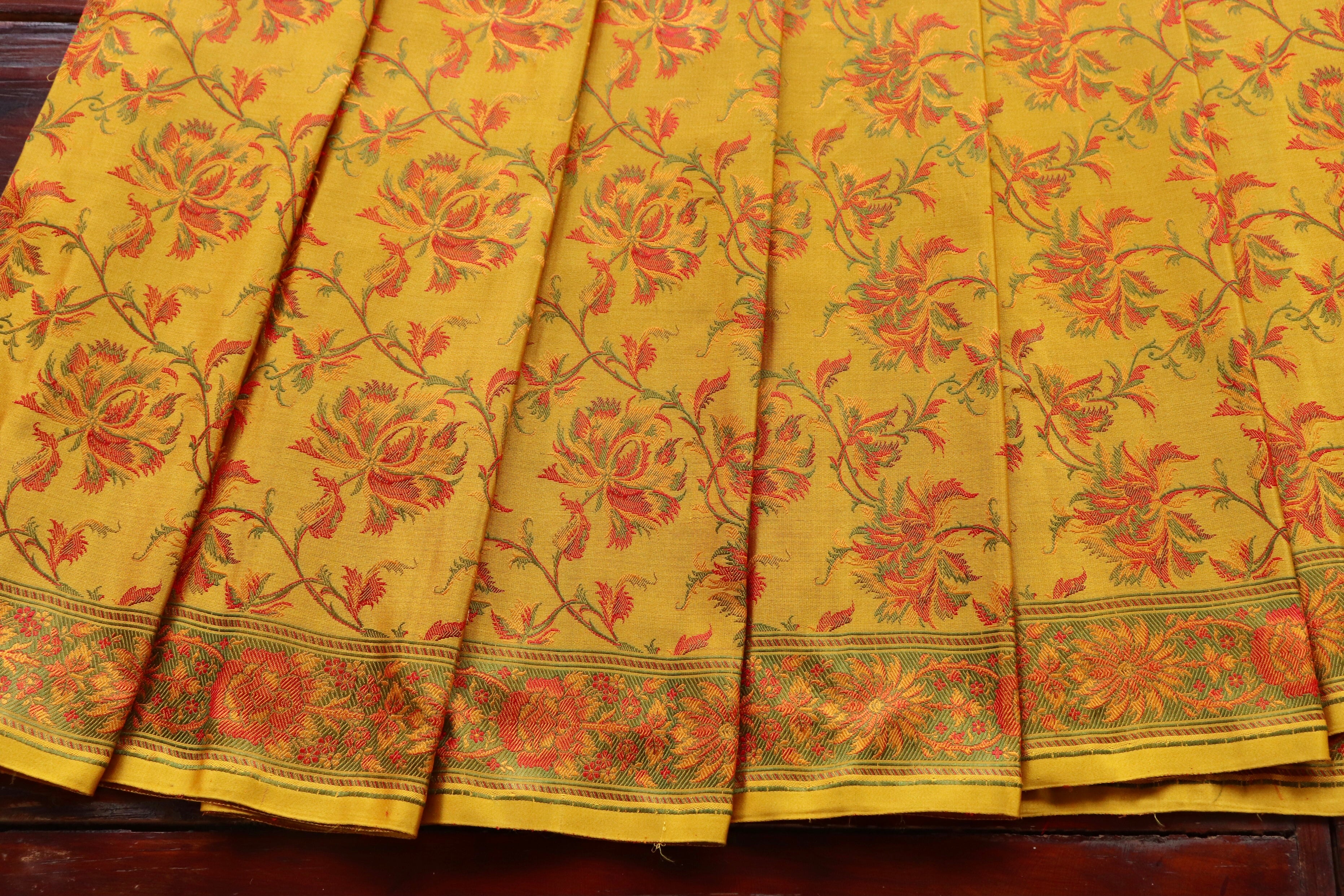 Yellow Multi Colour Brown Jamawar Tanchoi Satin Silk Saree
