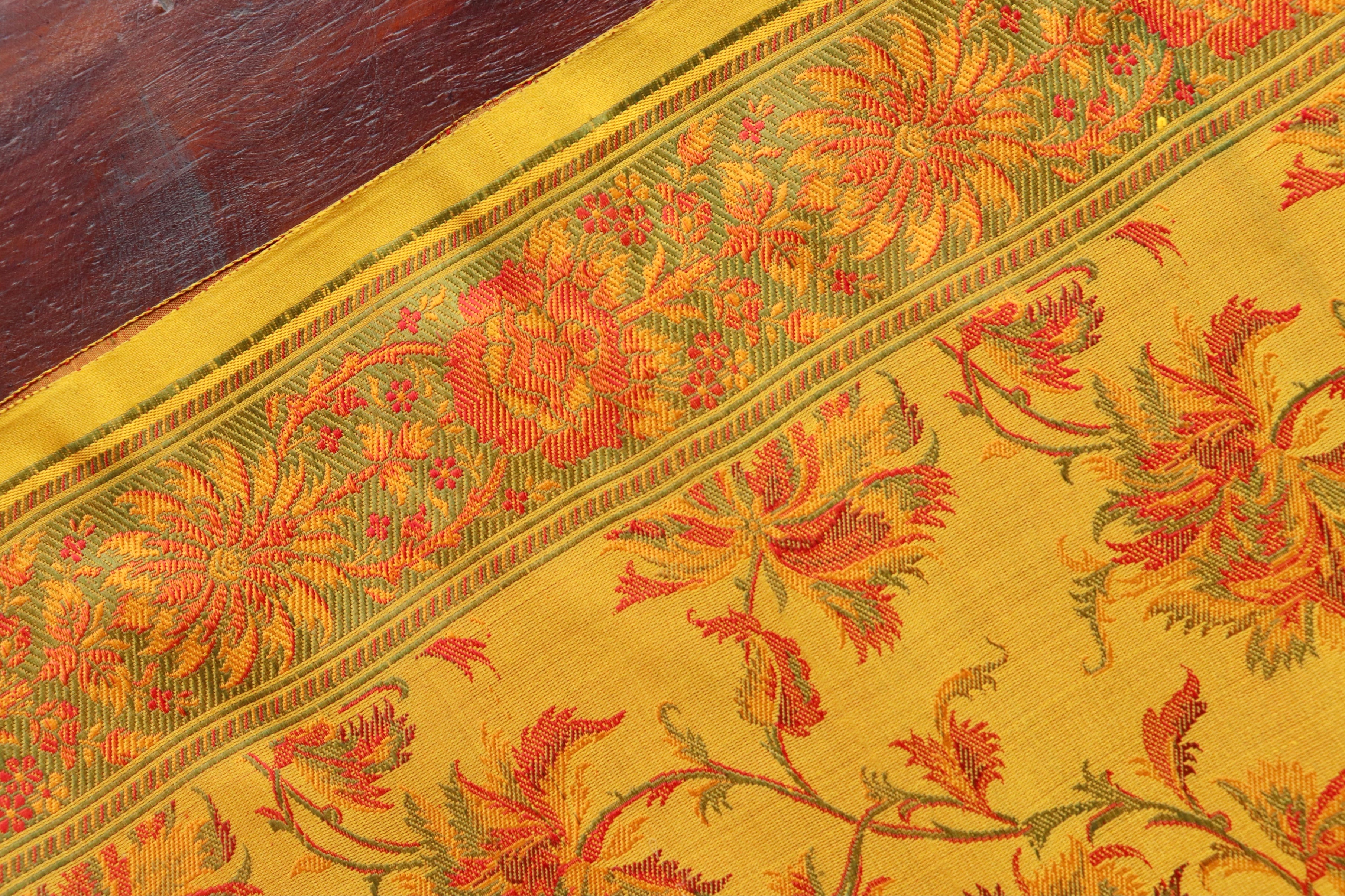 Yellow Multi Colour Brown Jamawar Tanchoi Satin Silk Saree