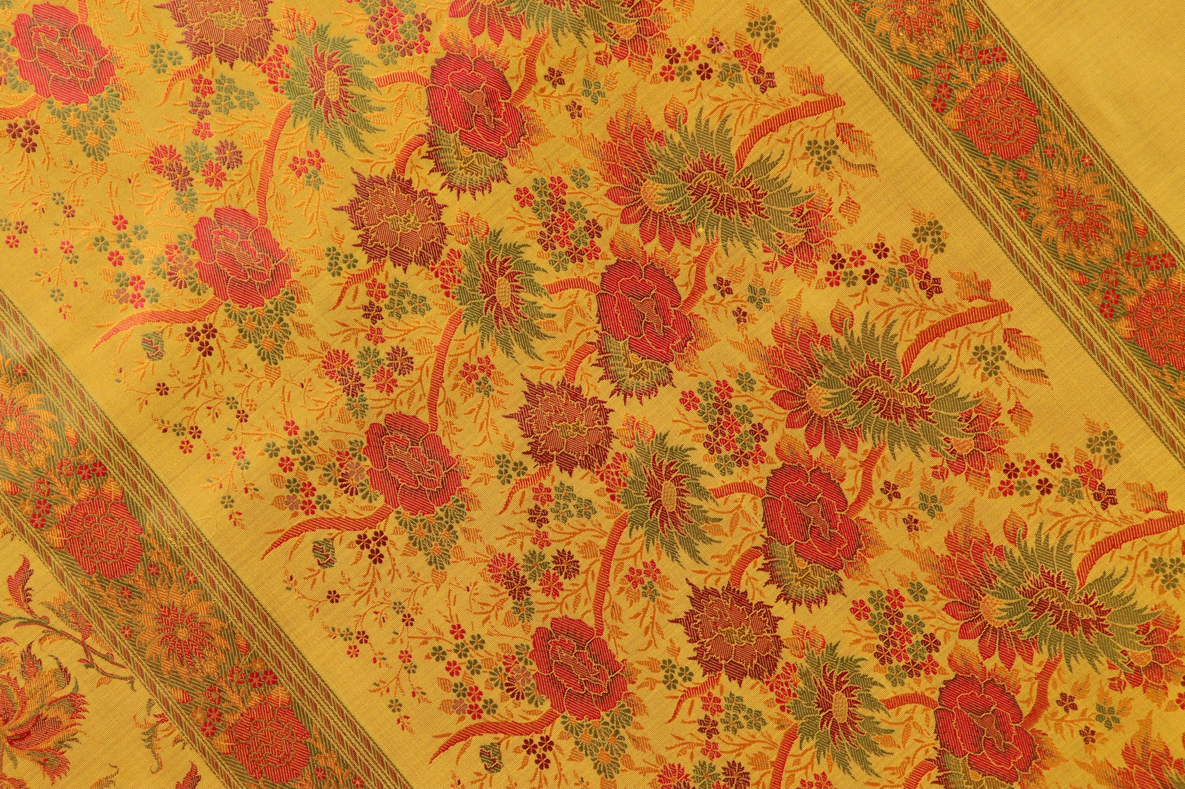 Yellow Multi Colour Brown Jamawar Tanchoi Satin Silk Saree