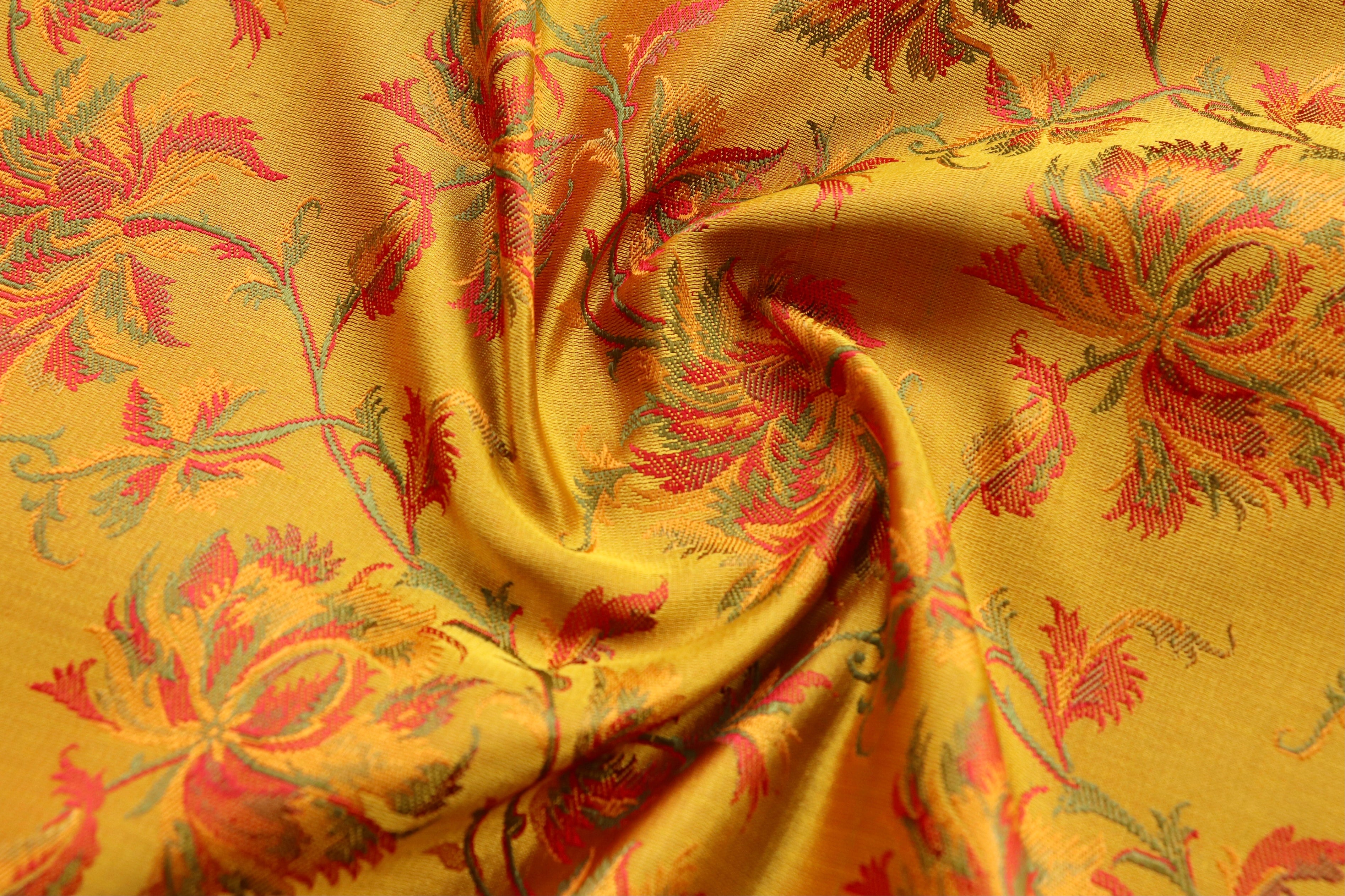 Yellow Multi Colour Brown Jamawar Tanchoi Satin Silk Saree