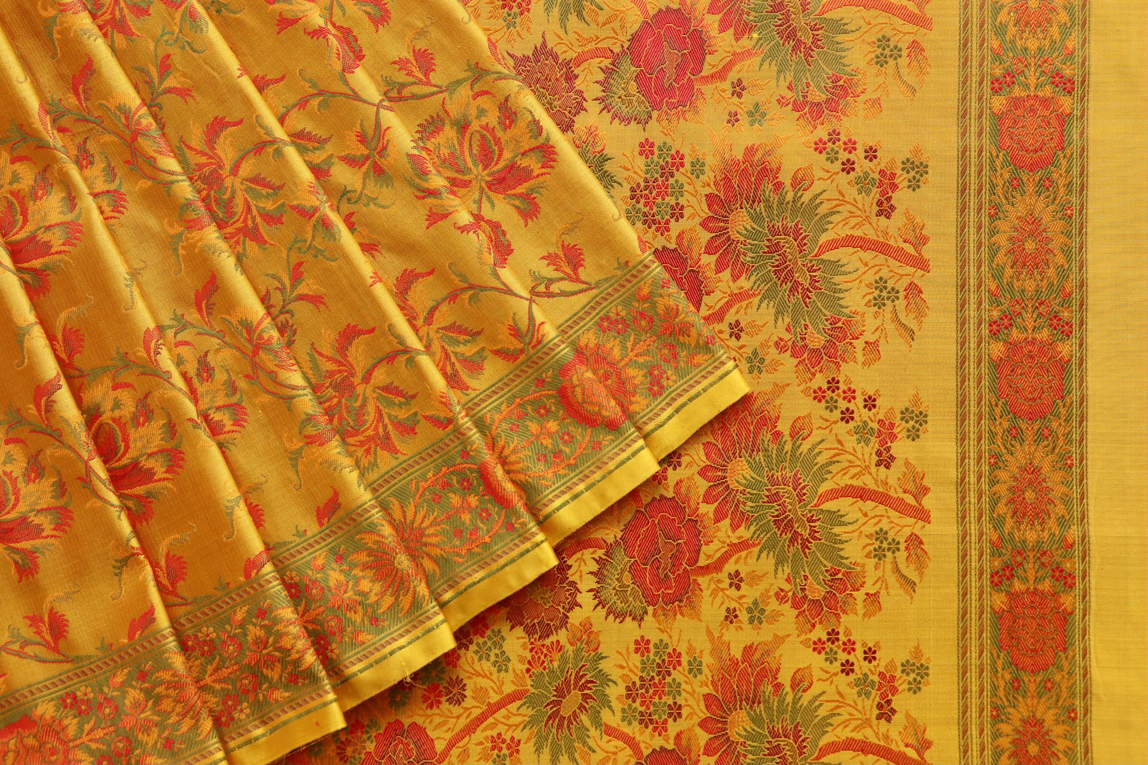 Yellow Multi Colour Brown Jamawar Tanchoi Satin Silk Saree