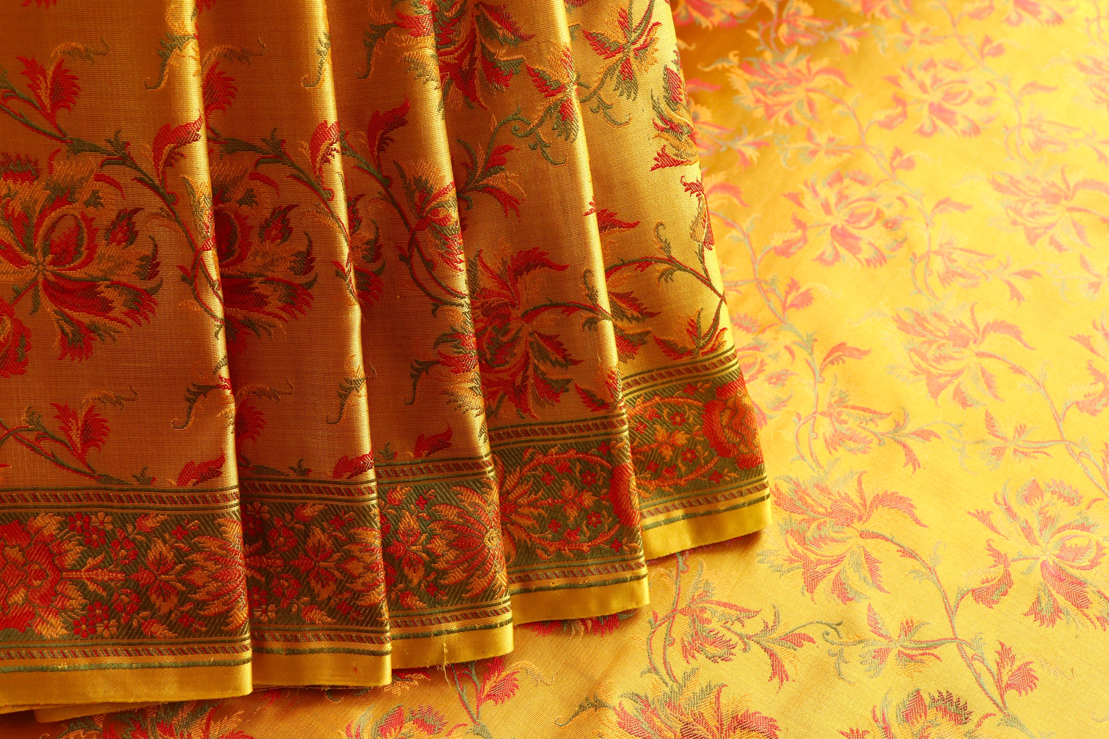 Yellow Multi Colour Brown Jamawar Tanchoi Satin Silk Saree
