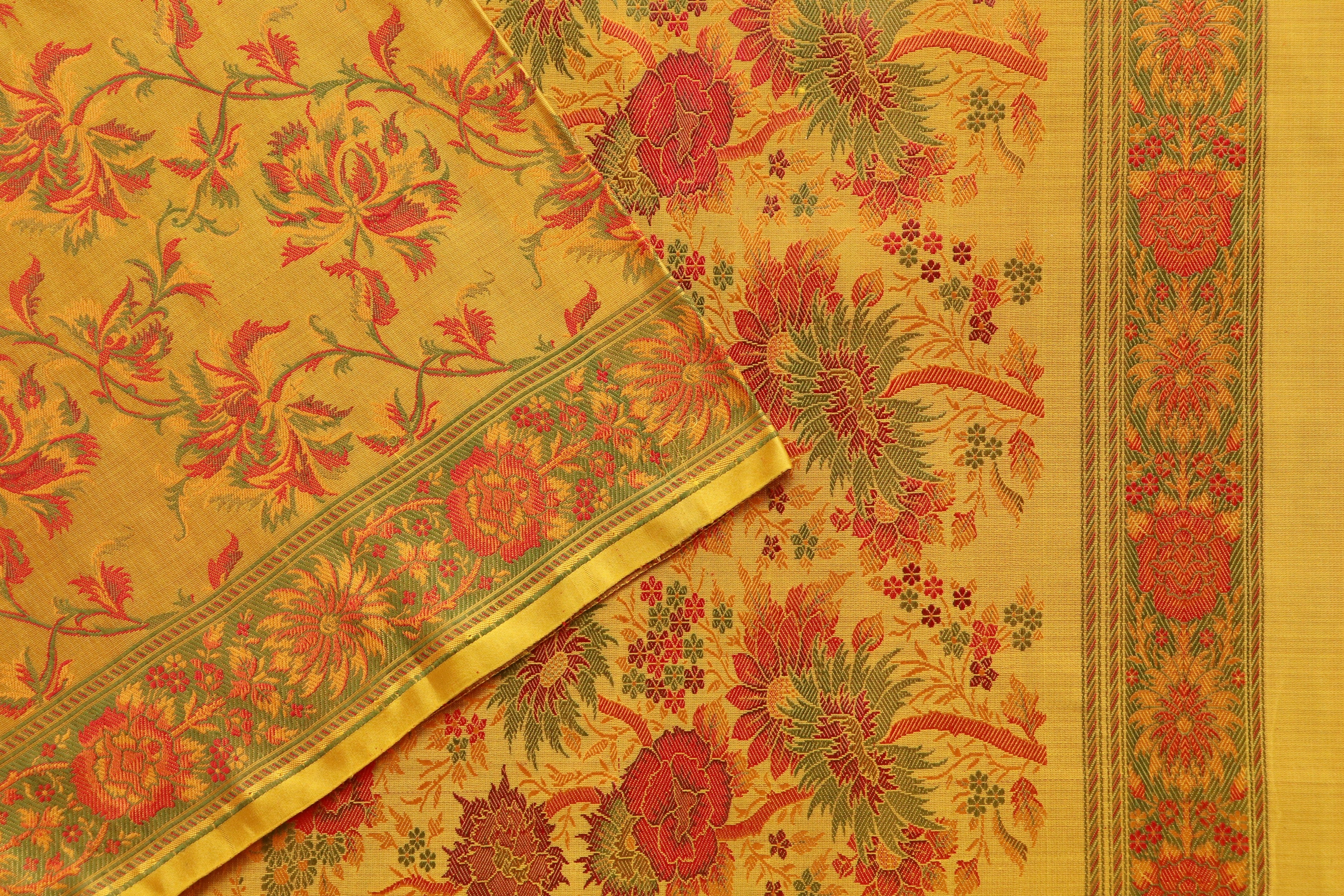 Yellow Multi Colour Brown Jamawar Tanchoi Satin Silk Saree