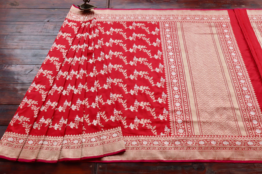 Classic Red Kadhua Phool Jangla Katan Silk | Stuti Weaves