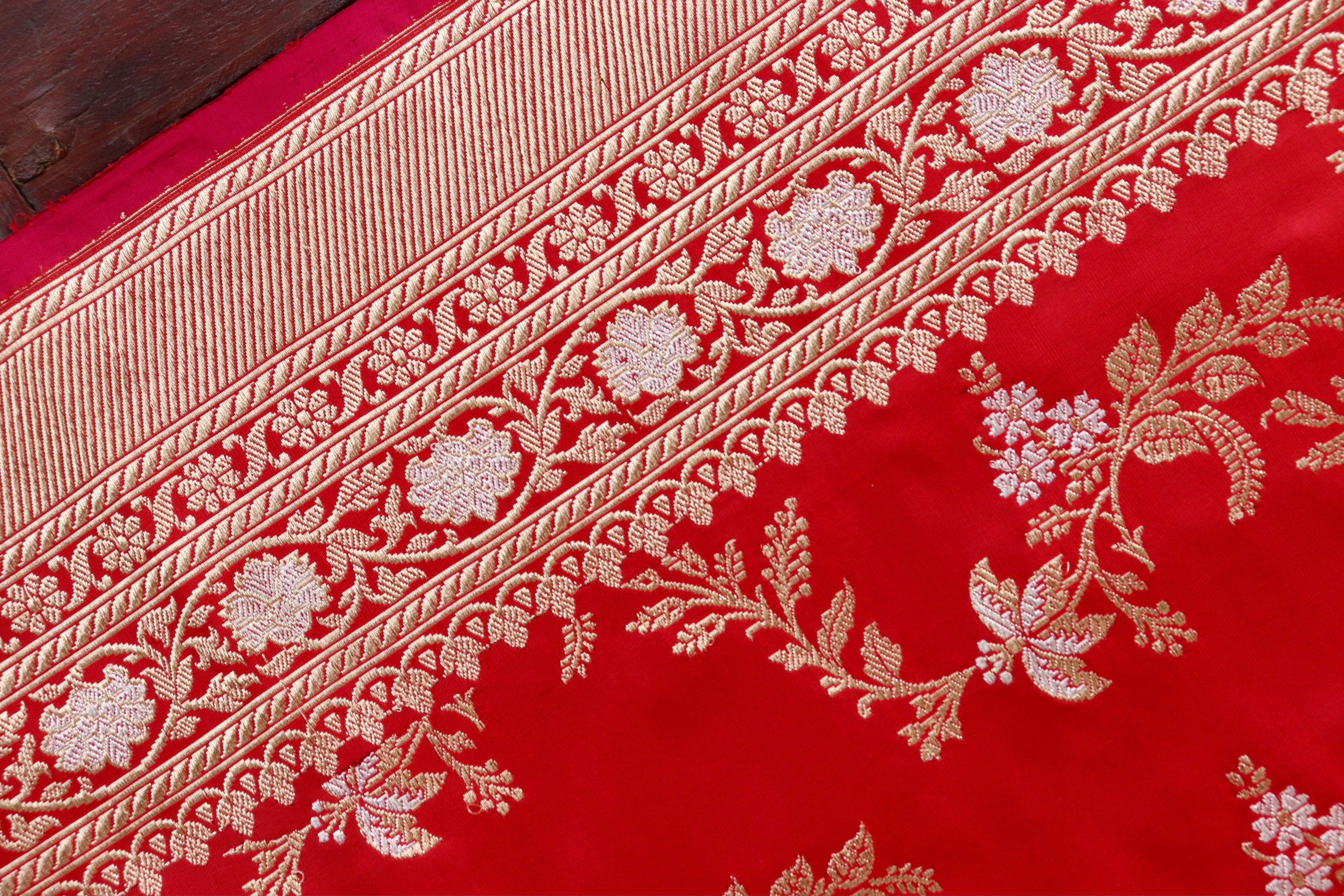 Classic Red Kadhua Phool Jangla Katan Silk Saree