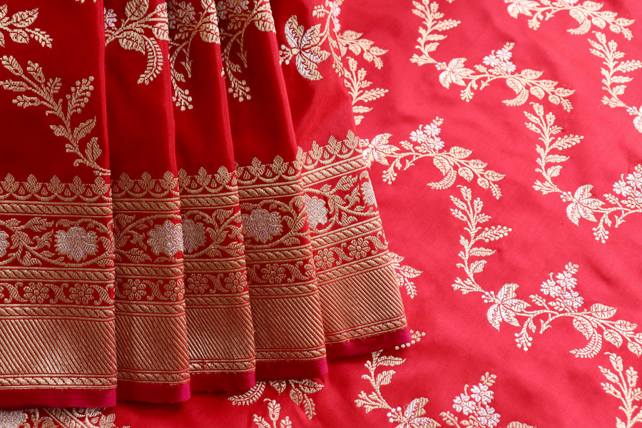 Classic Red Kadhua Phool Jangla Katan Silk | Stuti Weaves