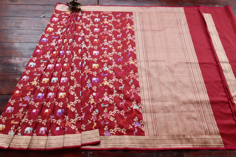 Maroon Kadhua Shikargah Pure Silk Banarasi Saree | Stuti Weaves