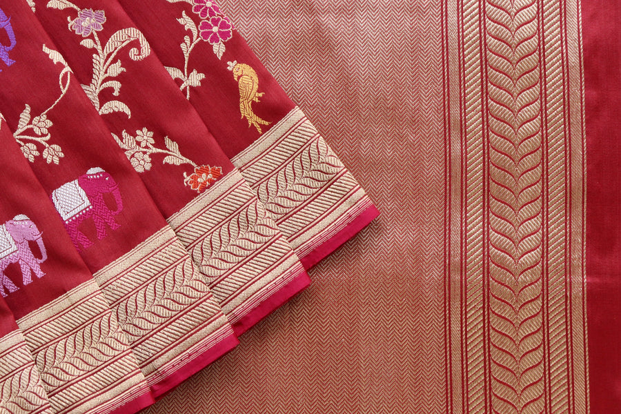 Maroon Kadhua Shikargah Pure Silk Banarasi Saree | Stuti Weaves