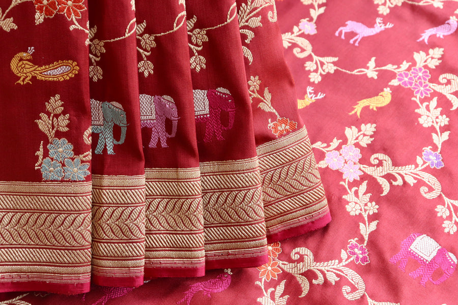 Maroon Kadhua Shikargah Pure Silk Banarasi Saree | Stuti Weaves