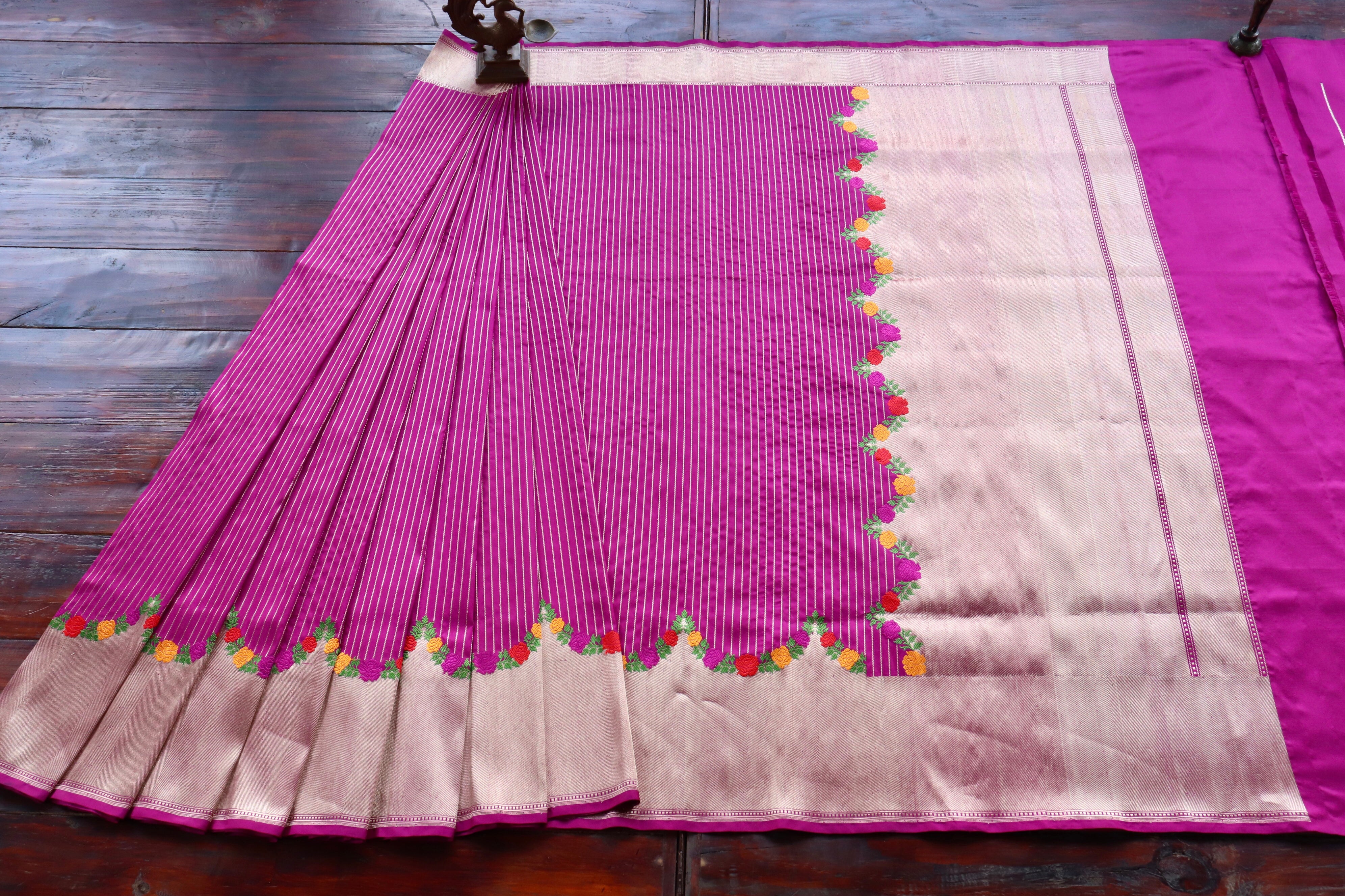 Fuchsia Pink Floral Border Pure Silk Handloom Banarasi Saree