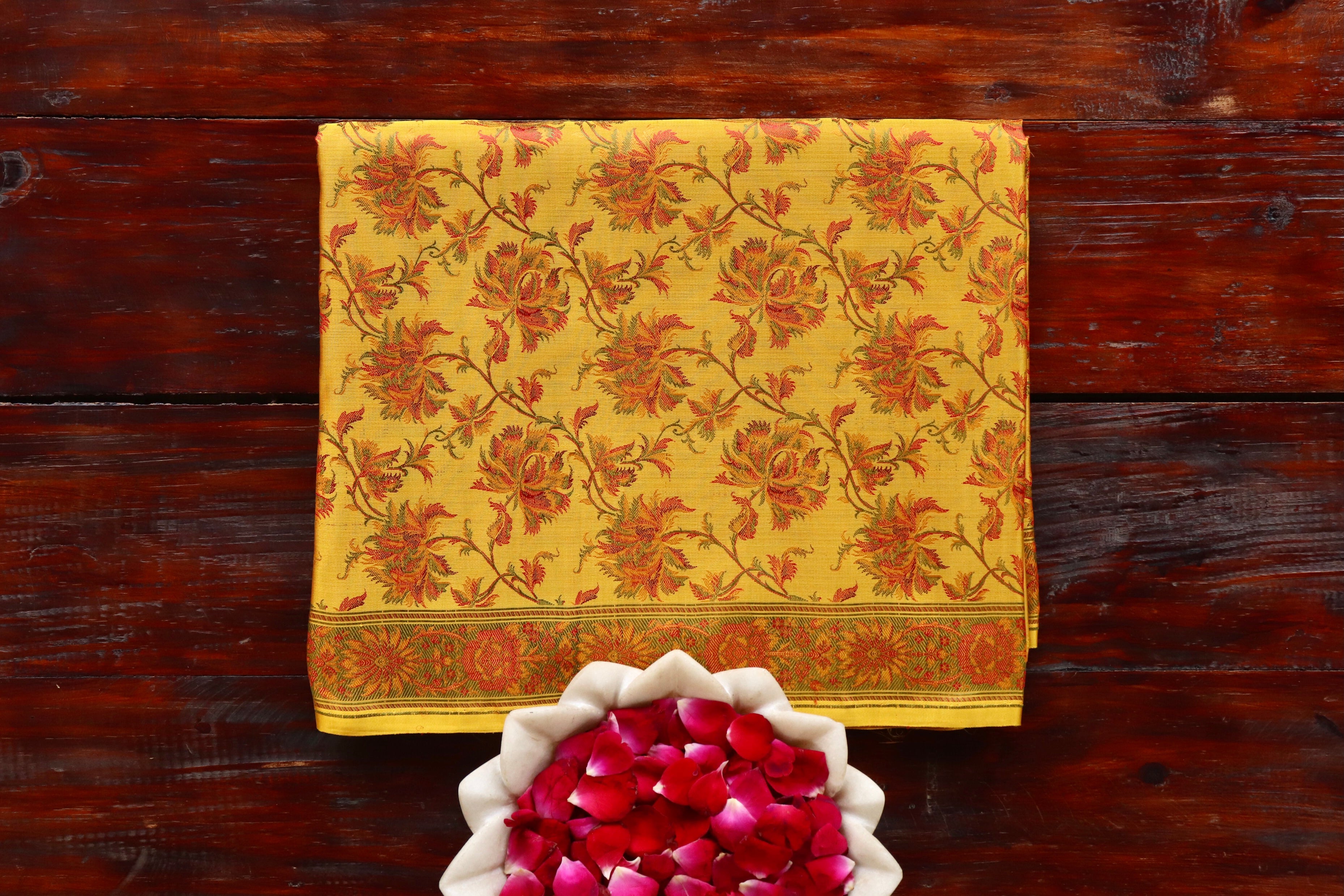 Yellow Multi Colour Brown Jamawar Tanchoi Satin Silk Saree