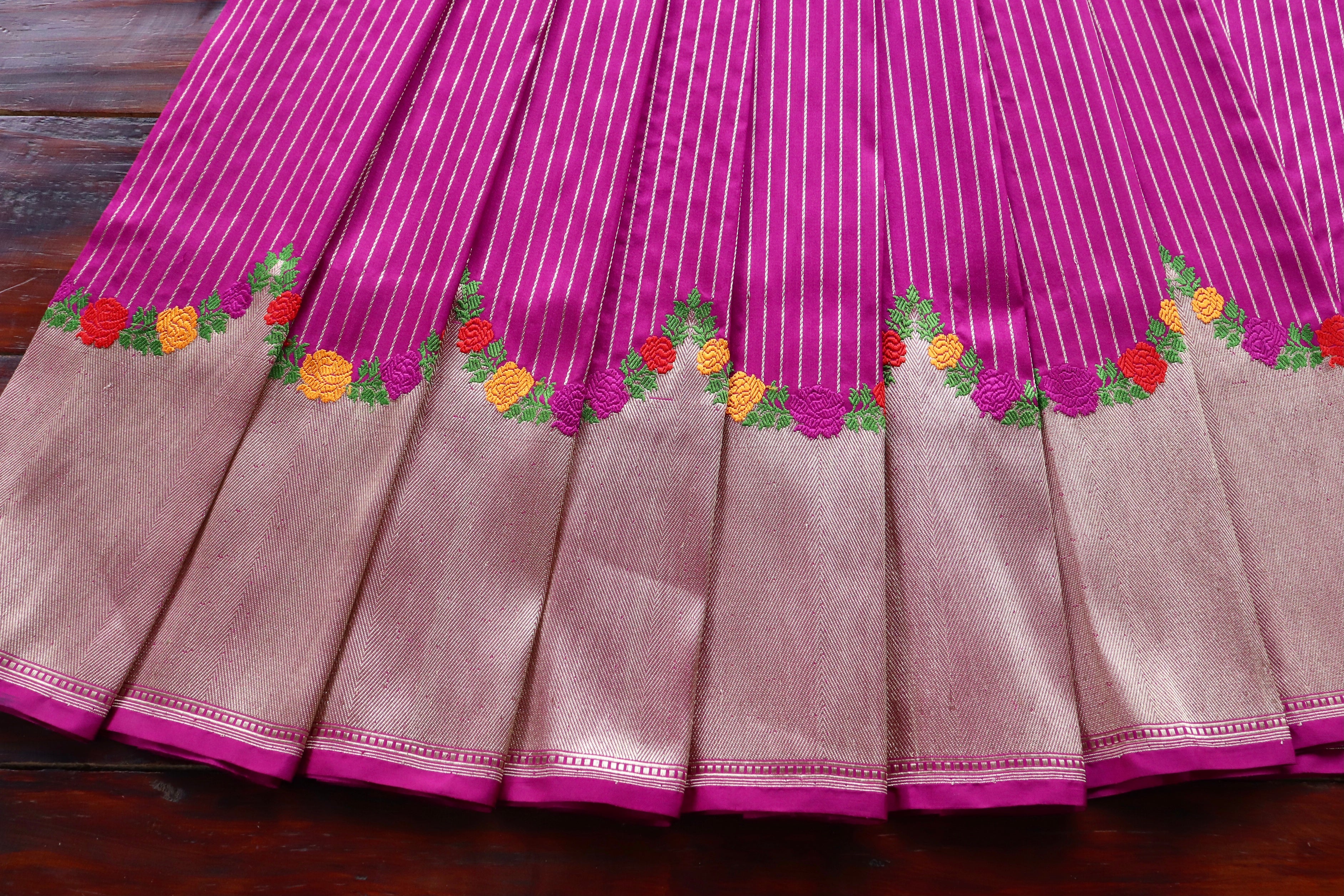 Fuchsia Pink Floral Border Pure Silk Handloom Banarasi Saree