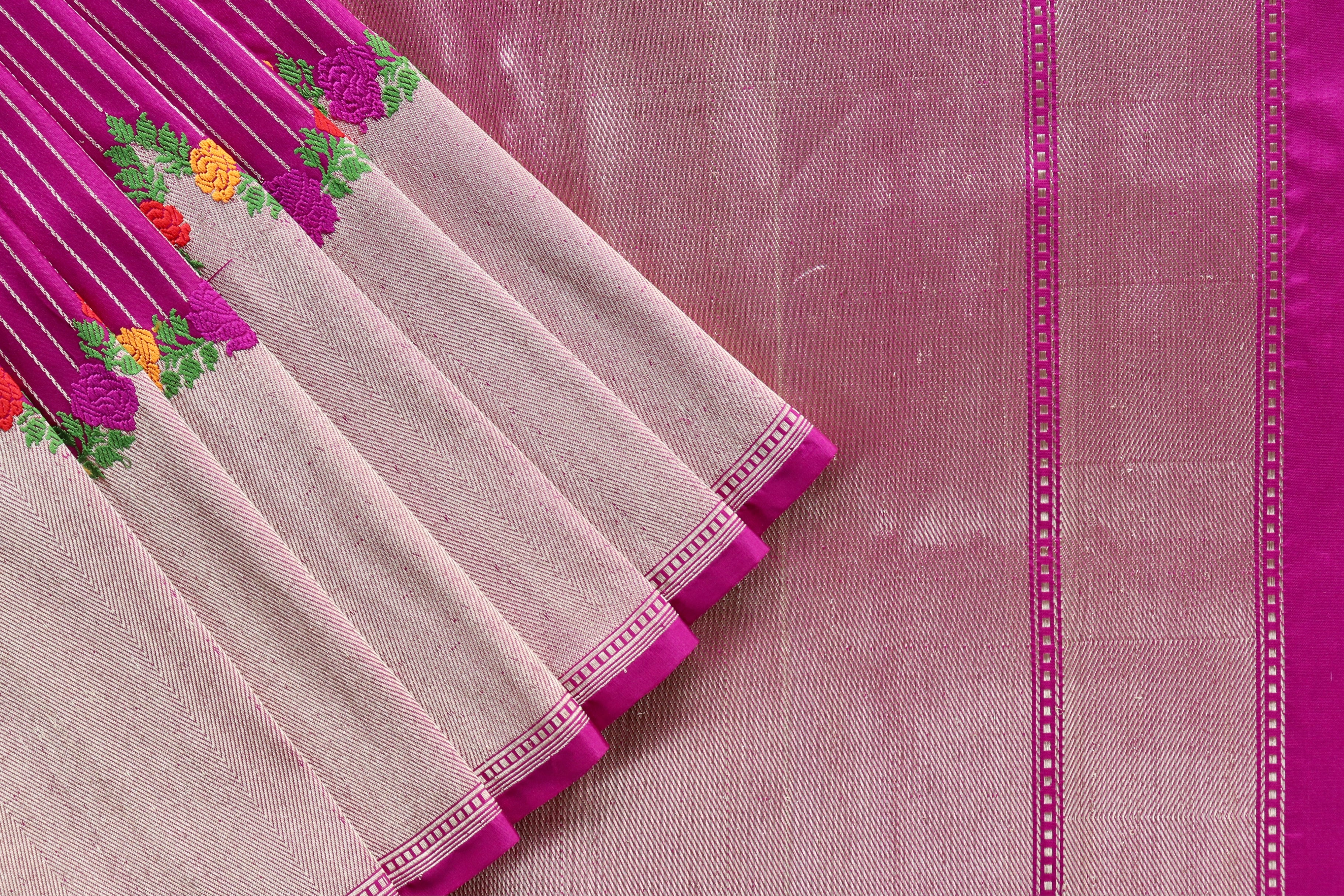 Fuchsia Pink Floral Border Pure Silk Handloom Banarasi Saree