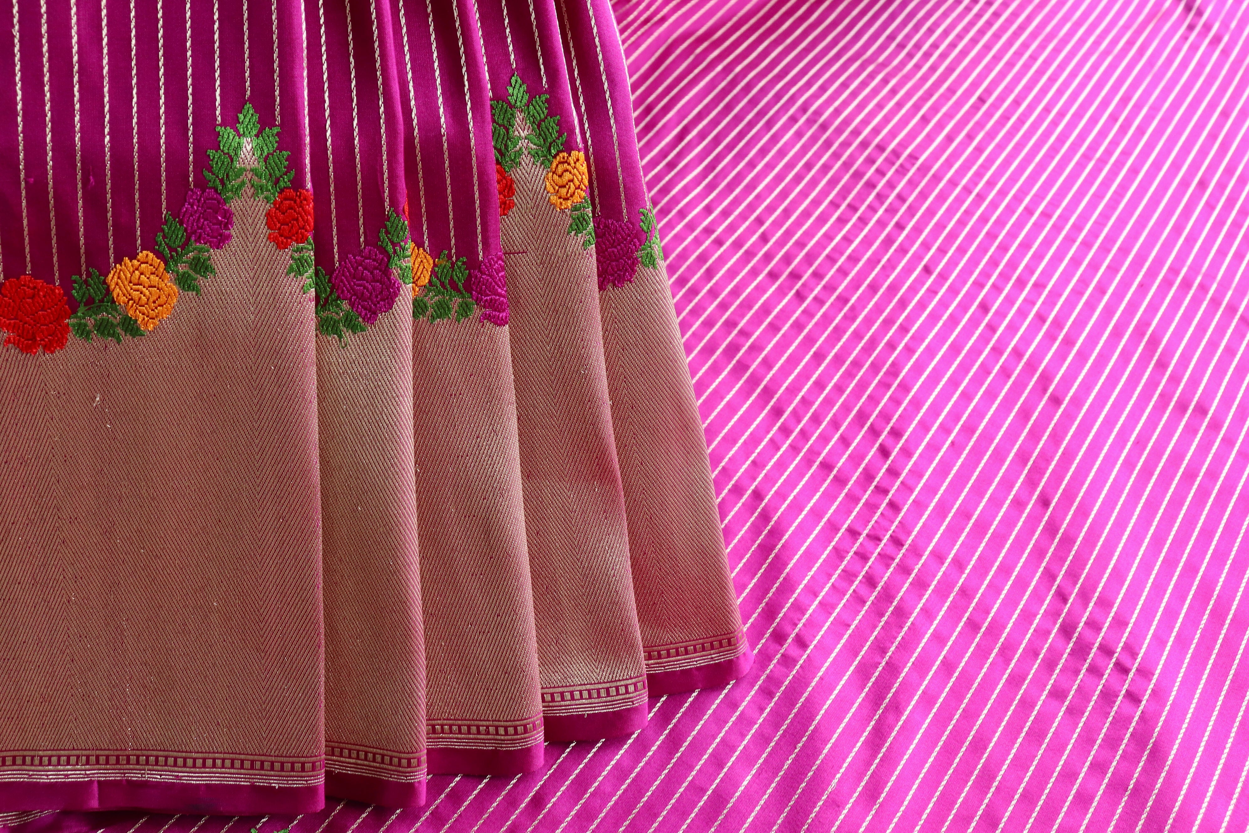 Fuchsia Pink Floral Border Pure Silk Handloom Banarasi Saree