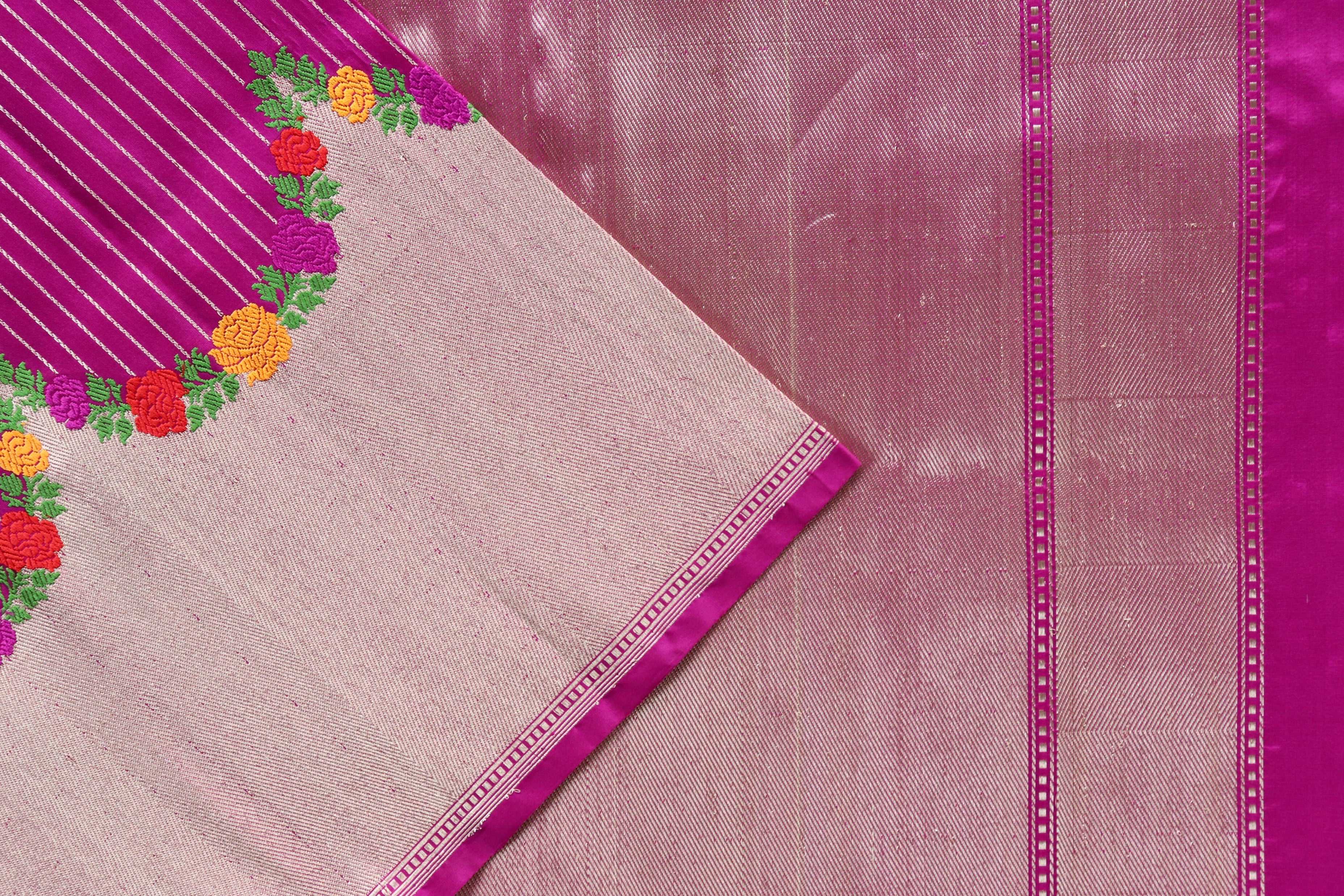 Fuchsia Pink Floral Border Pure Silk Handloom Banarasi Saree