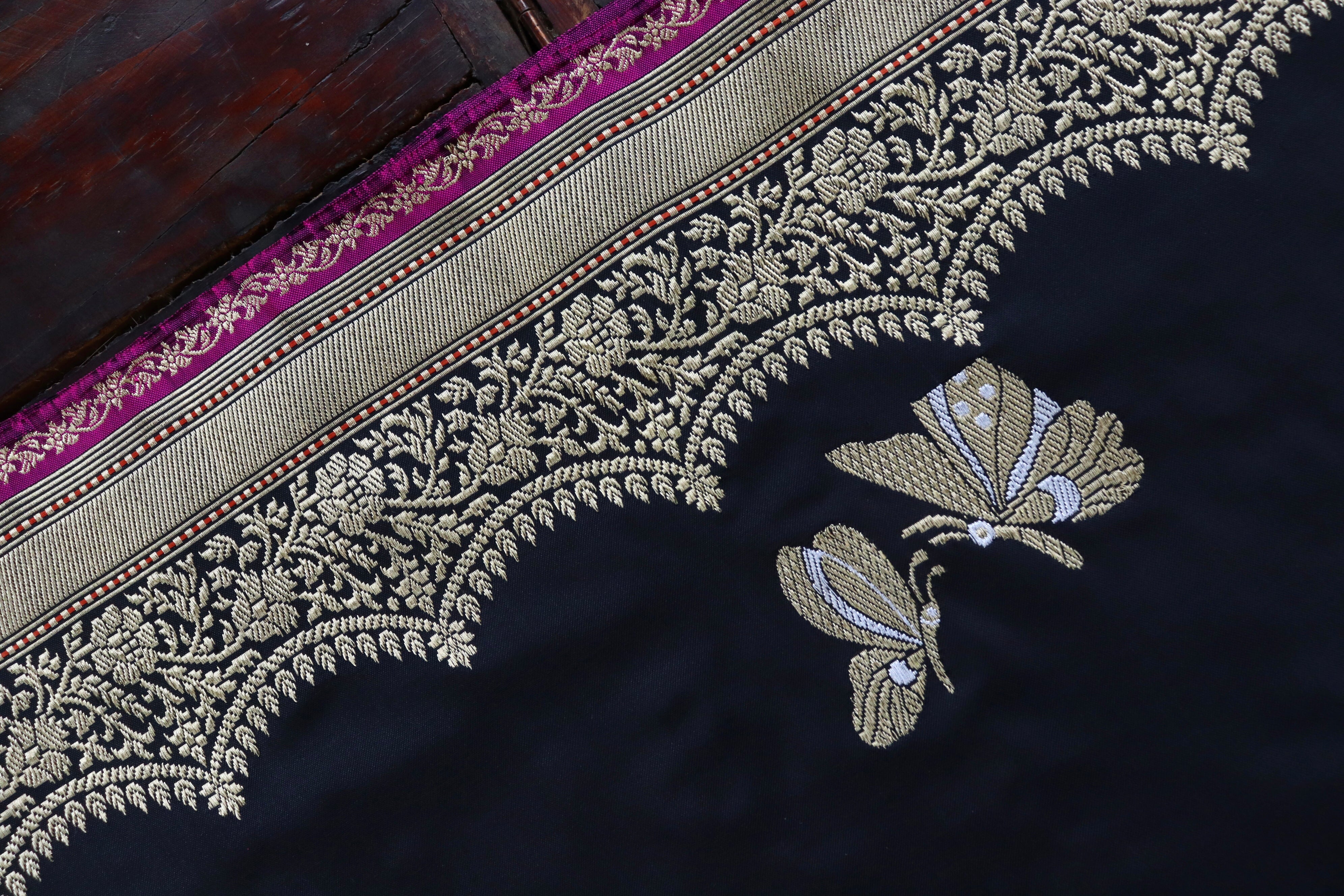 Black Butterfly Motif Pure Silk Handloom Banarasi Saree