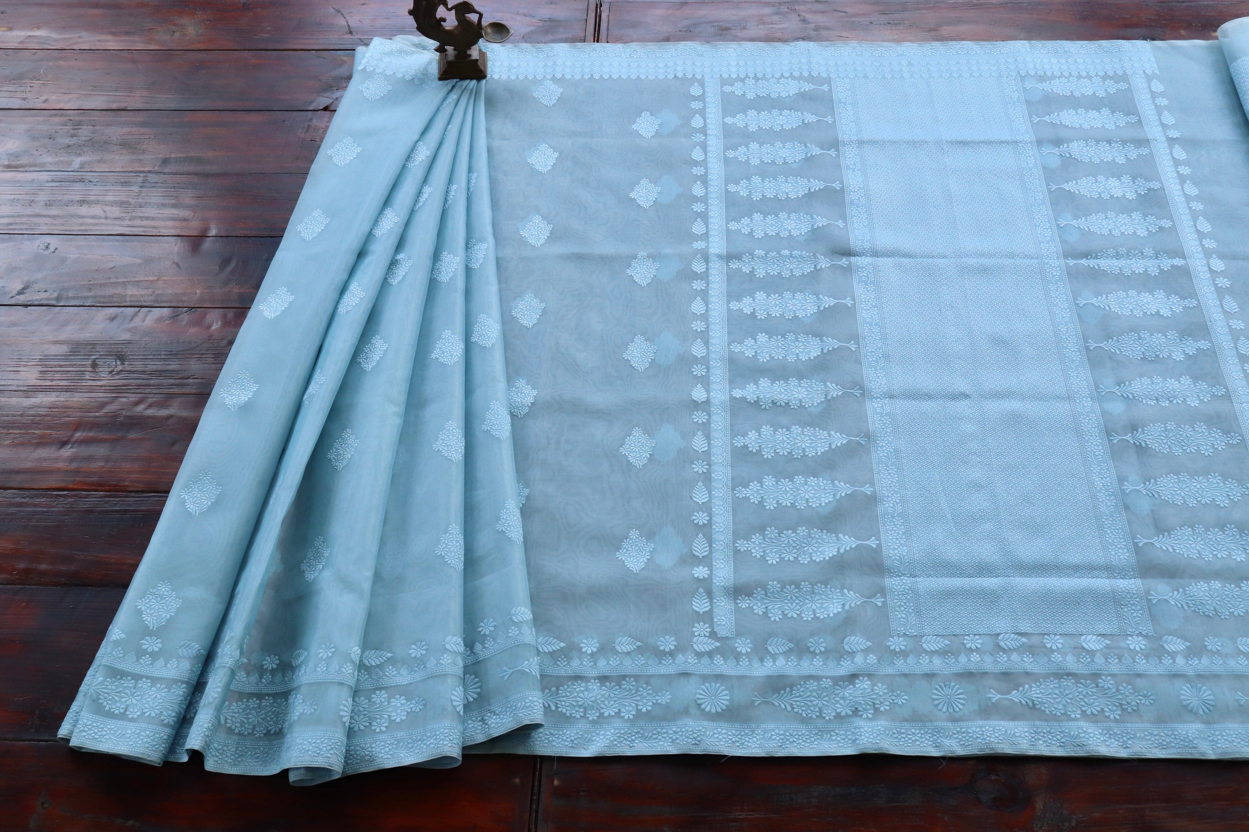 Baby Blue Resham Kadhua Pure Kora Silk Handloom Saree