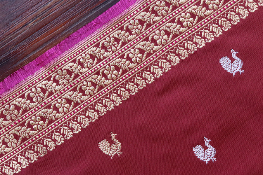 Coffee Brown Peacock Motif Pure Silk Handloom Banarasi Saree