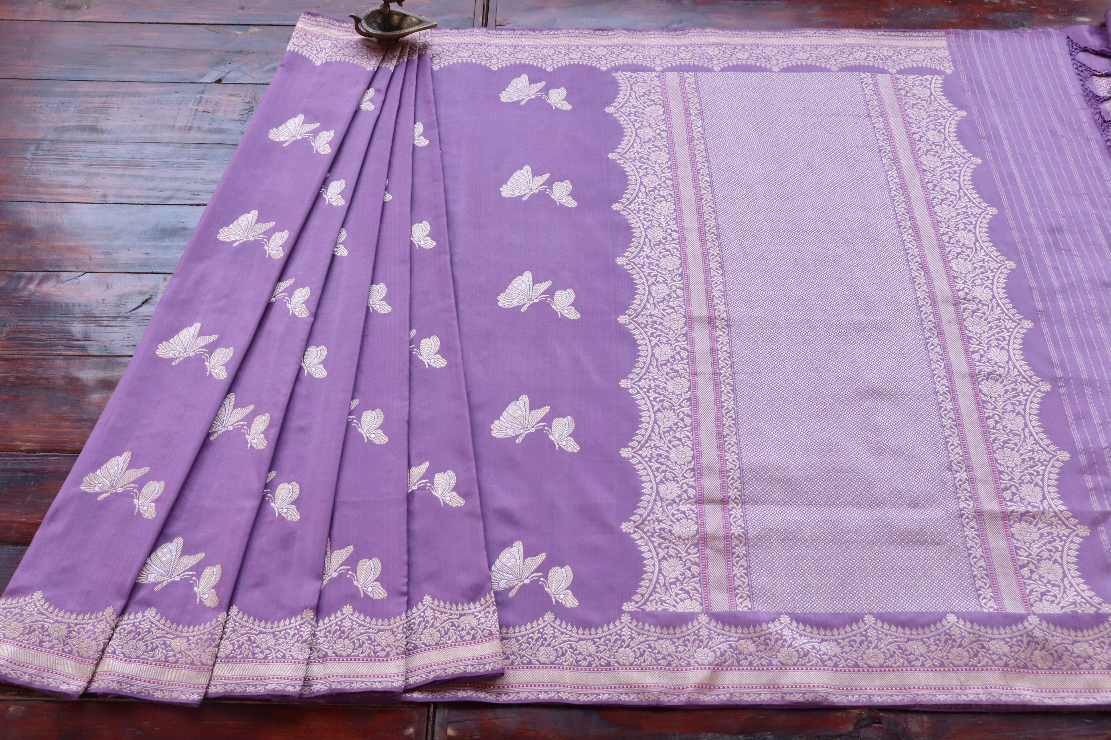 Deep Lilac Butterfly Motif Pure Silk Handloom Banarasi Saree