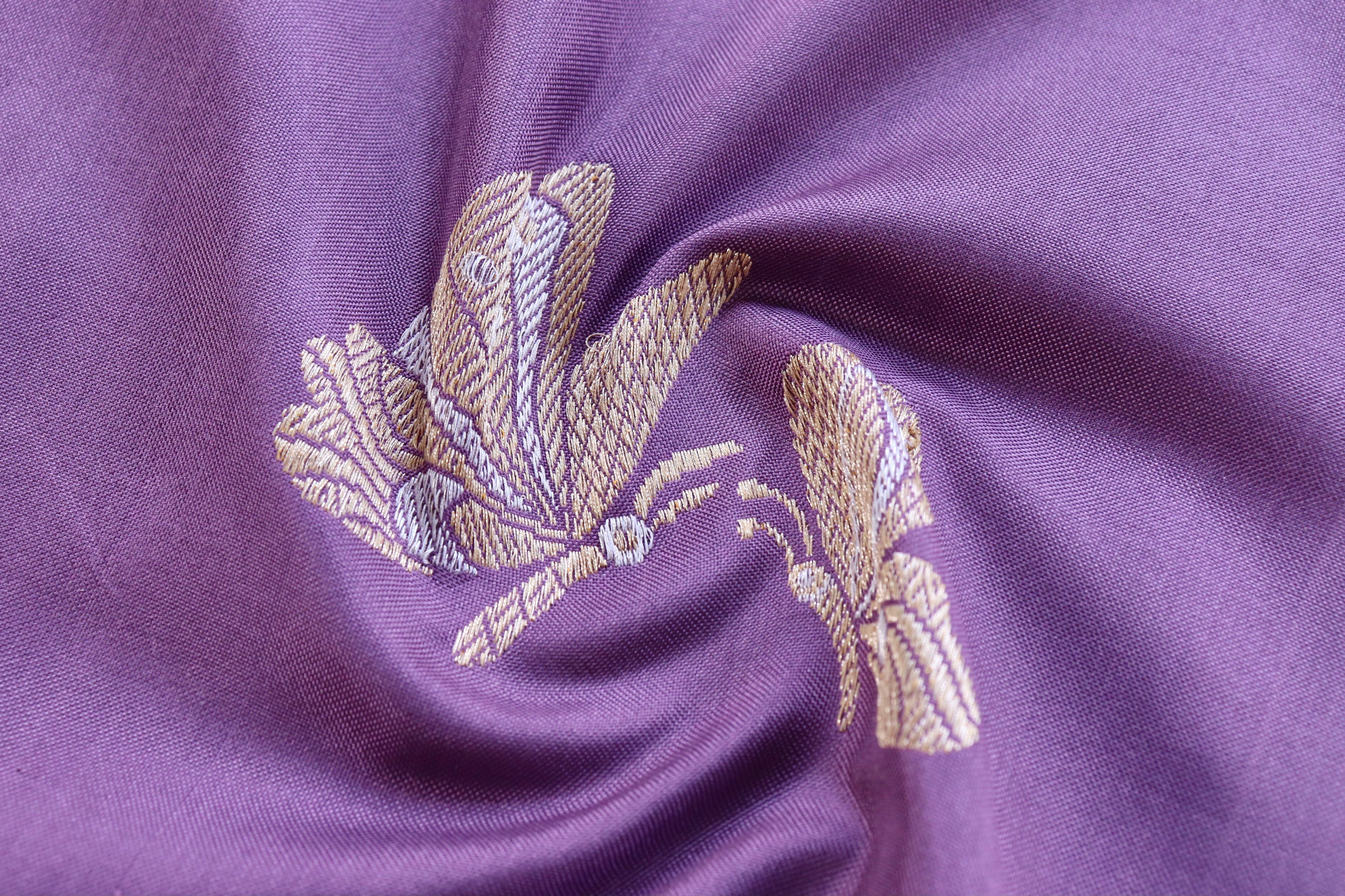 Deep Lilac Butterfly Motif Pure Silk Handloom Banarasi Saree