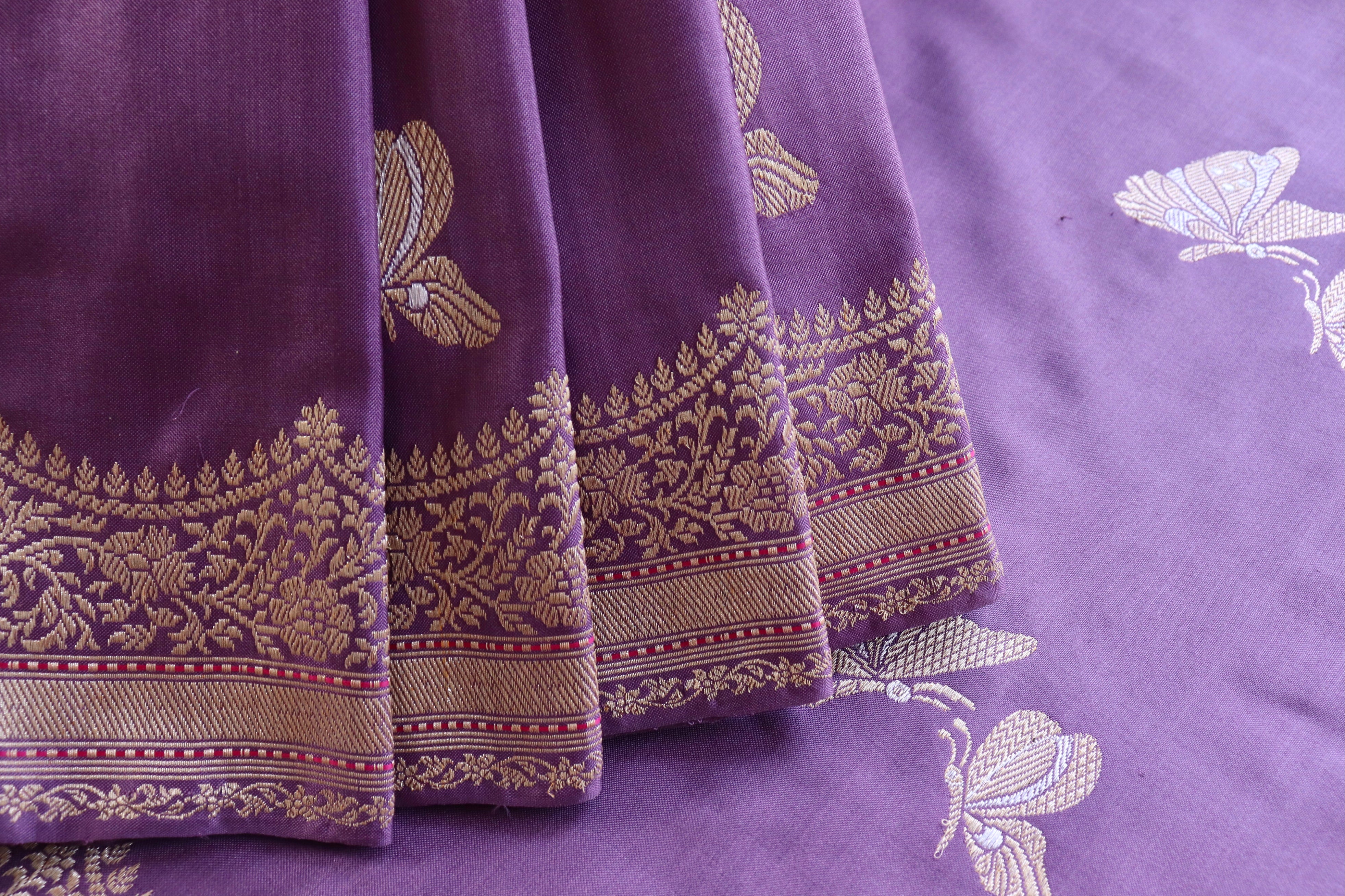 Deep Lilac Butterfly Motif Pure Silk Handloom Banarasi Saree