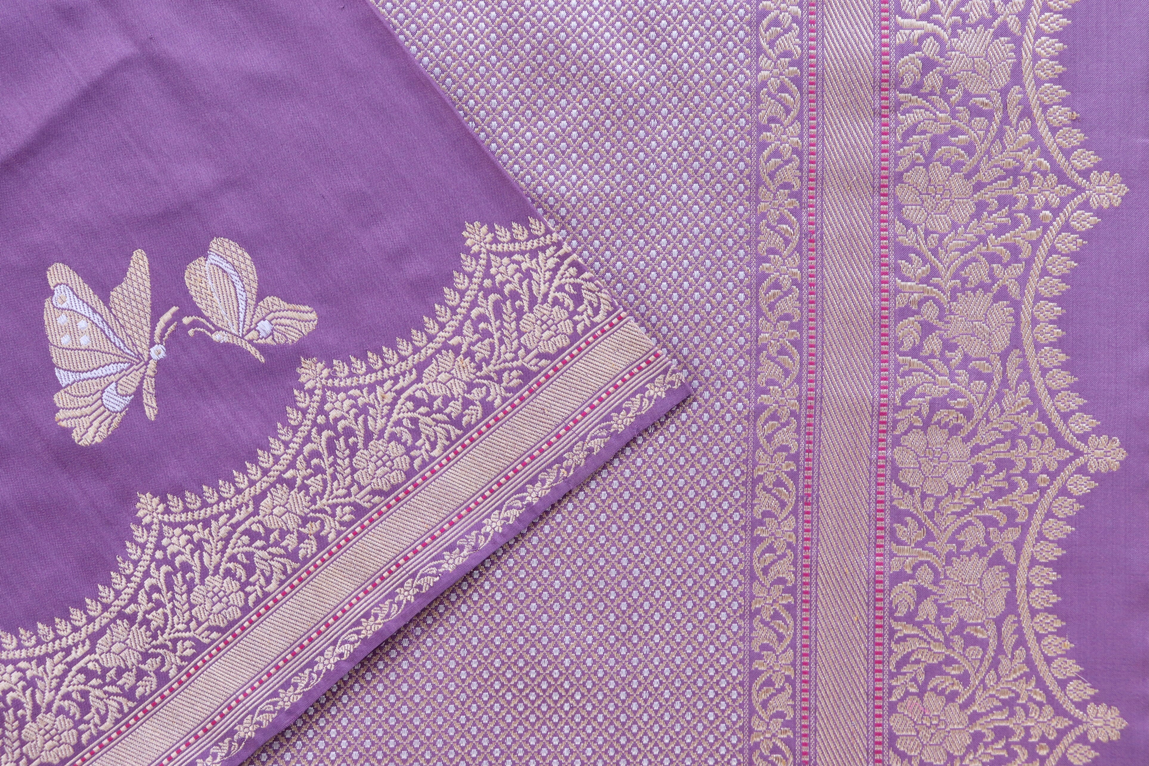 Deep Lilac Butterfly Motif Pure Silk Handloom Banarasi Saree