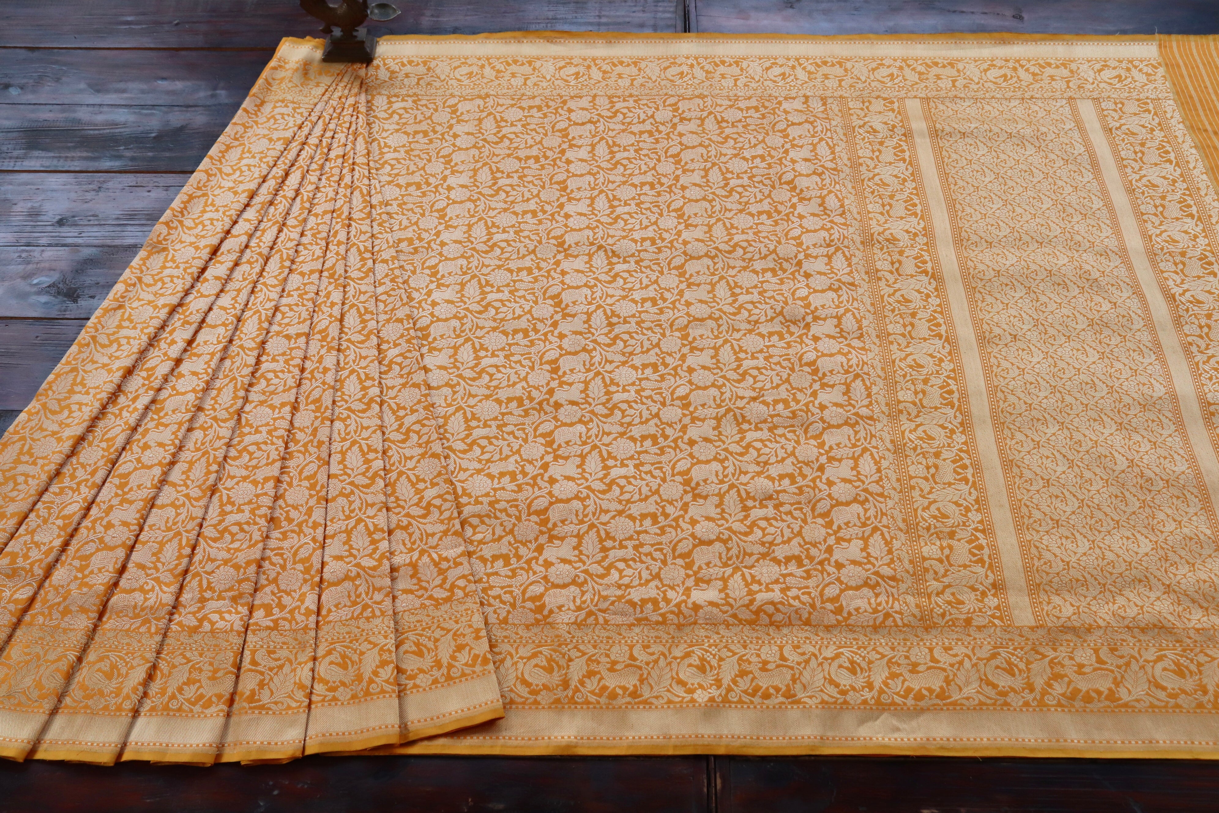 Mustard Shikargah Pure Silk Handloom Banarasi Saree
