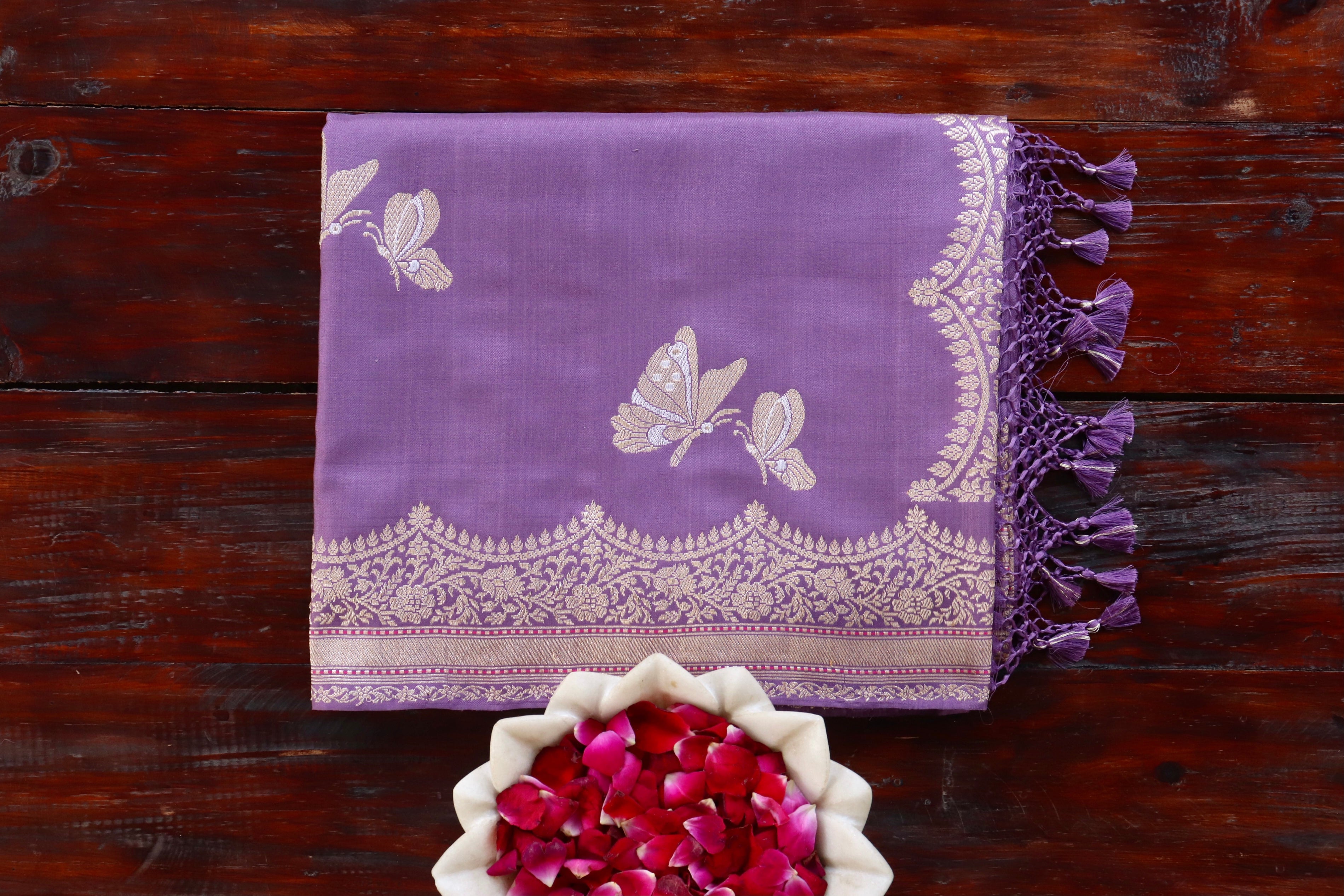 Deep Lilac Butterfly Motif Pure Silk Handloom Banarasi Saree