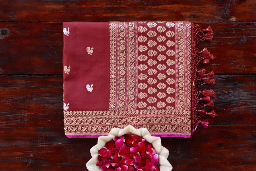 Coffee Brown pure Katan silk Banarasi saree with thread-by-thread motifs, draped for the camera.