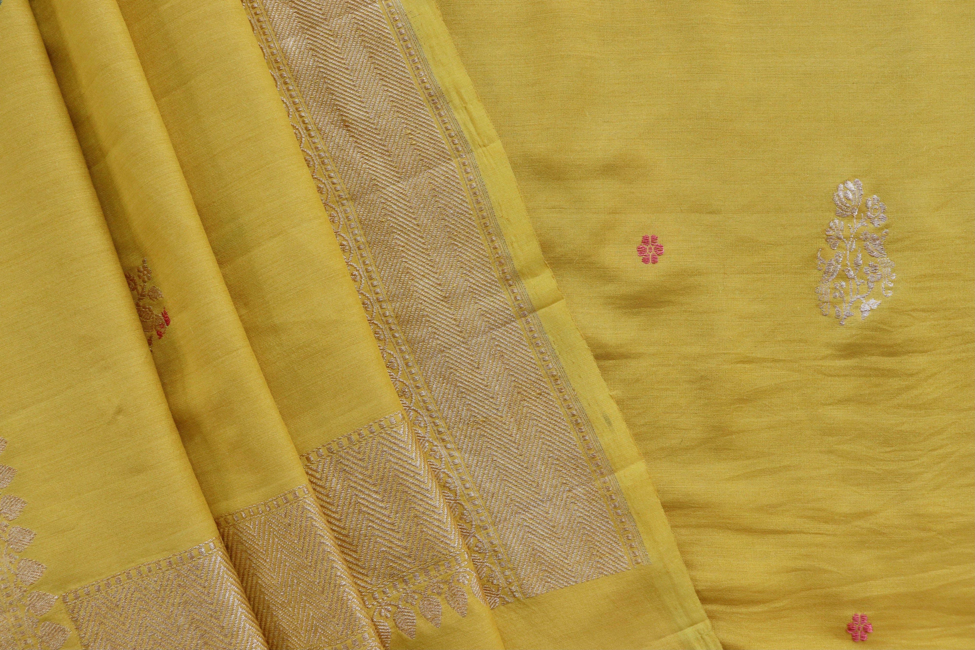 Yellow Munga Silk By Cotton Handloom Banarasi Suit Set