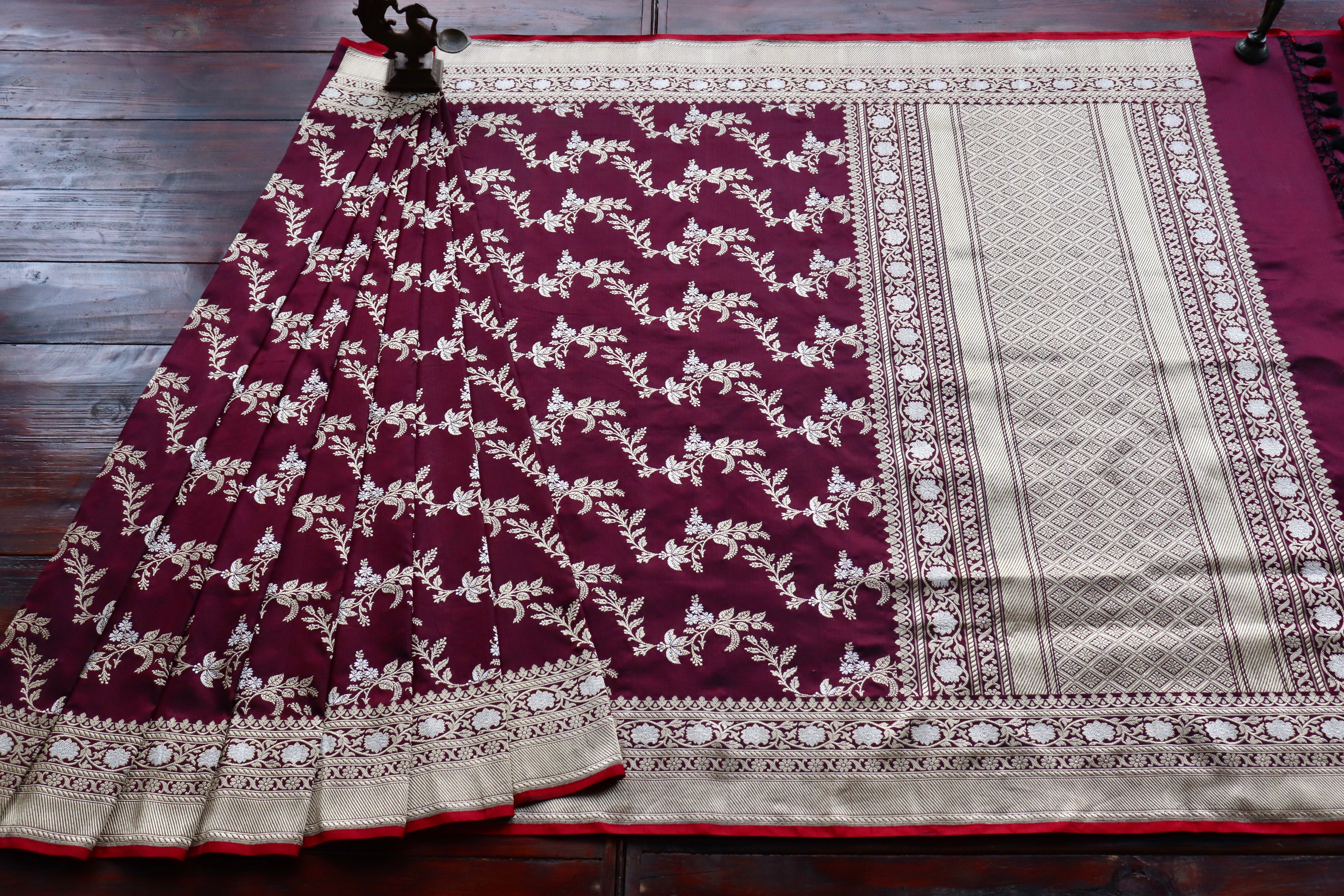 Wine Kadhua Phool Jangla Katan Silk Saree