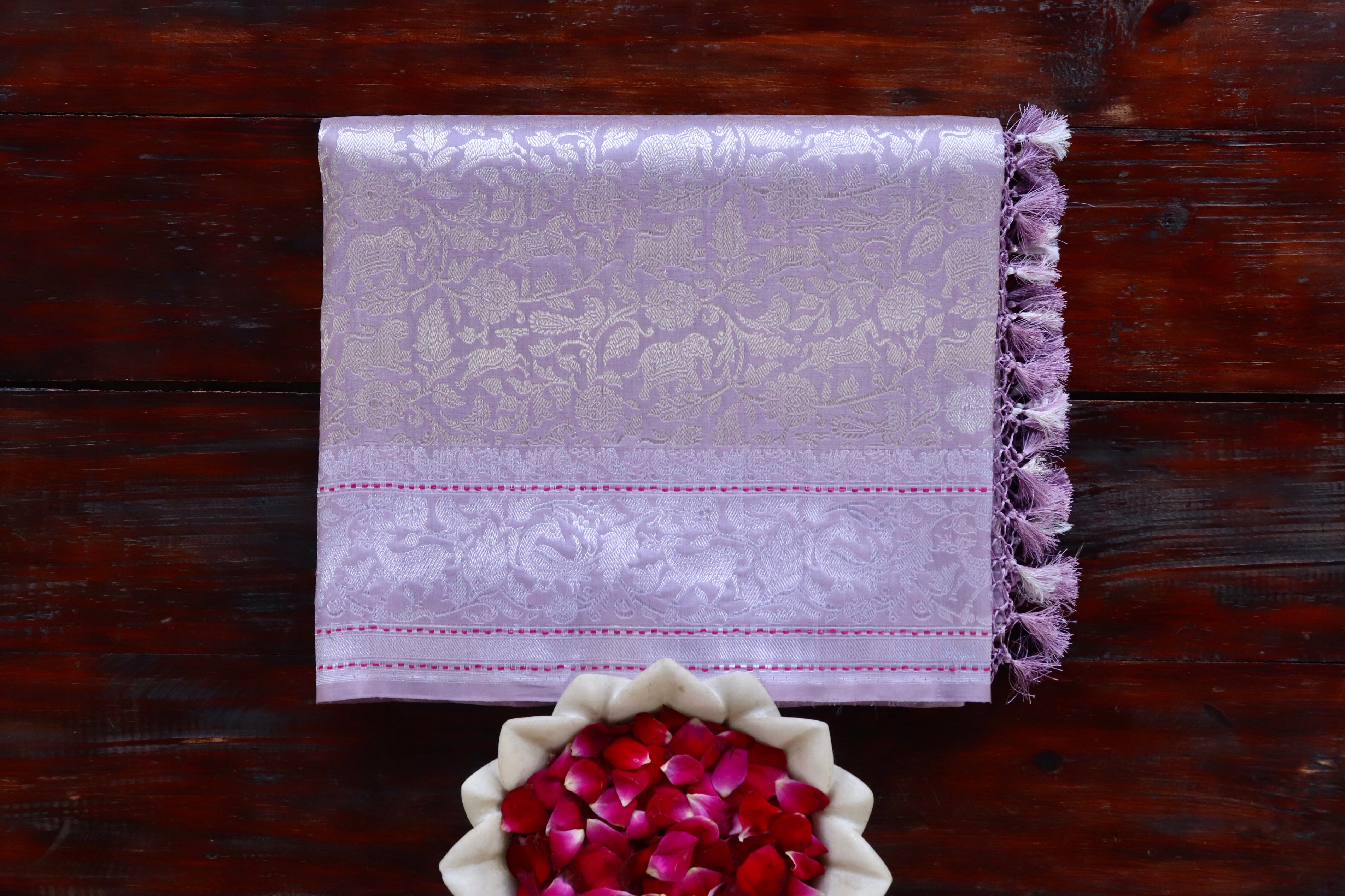 Lilac Shikargah Pure Silk Handloom Banarasi Saree