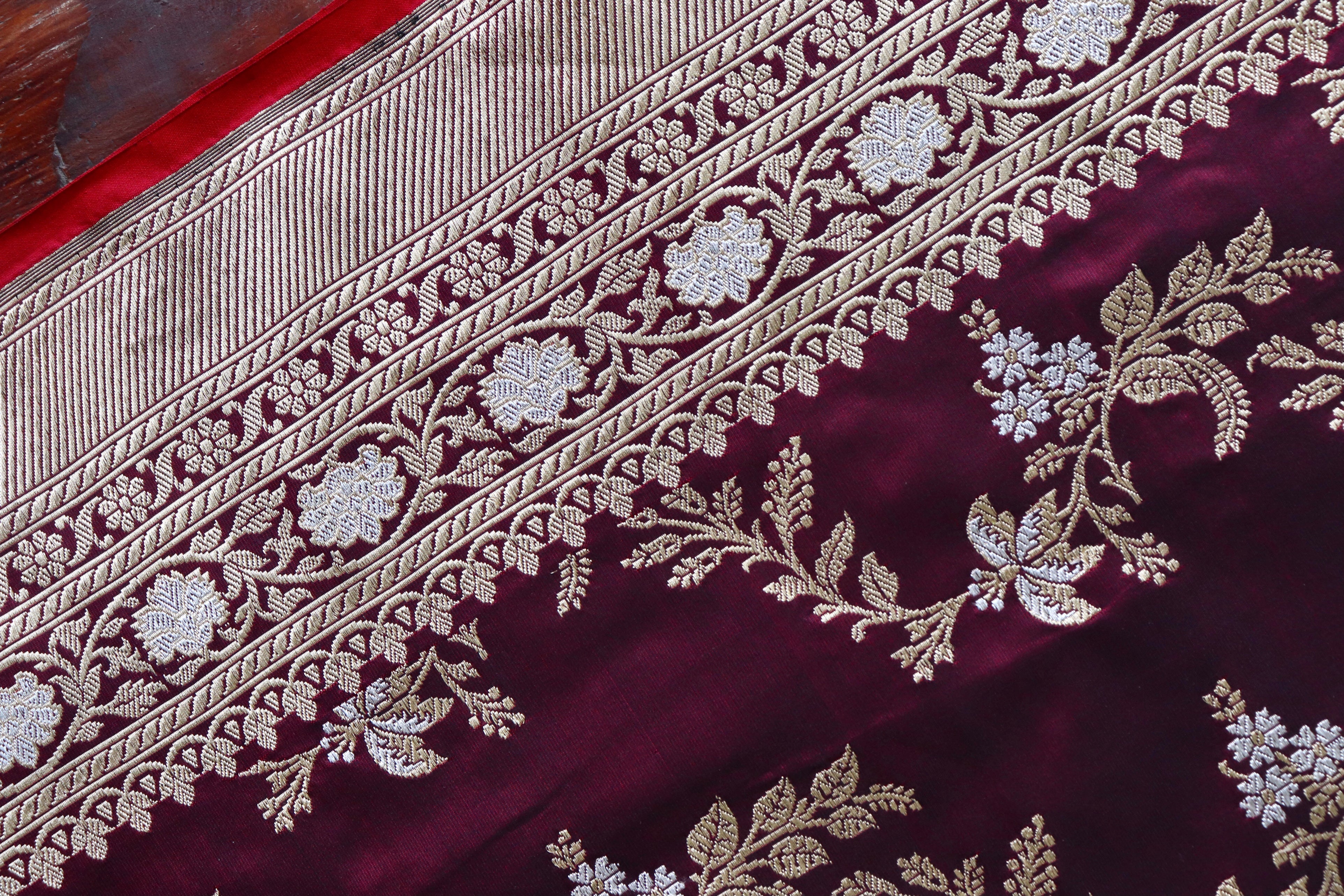 Wine Kadhua Phool Jangla Katan Silk Saree